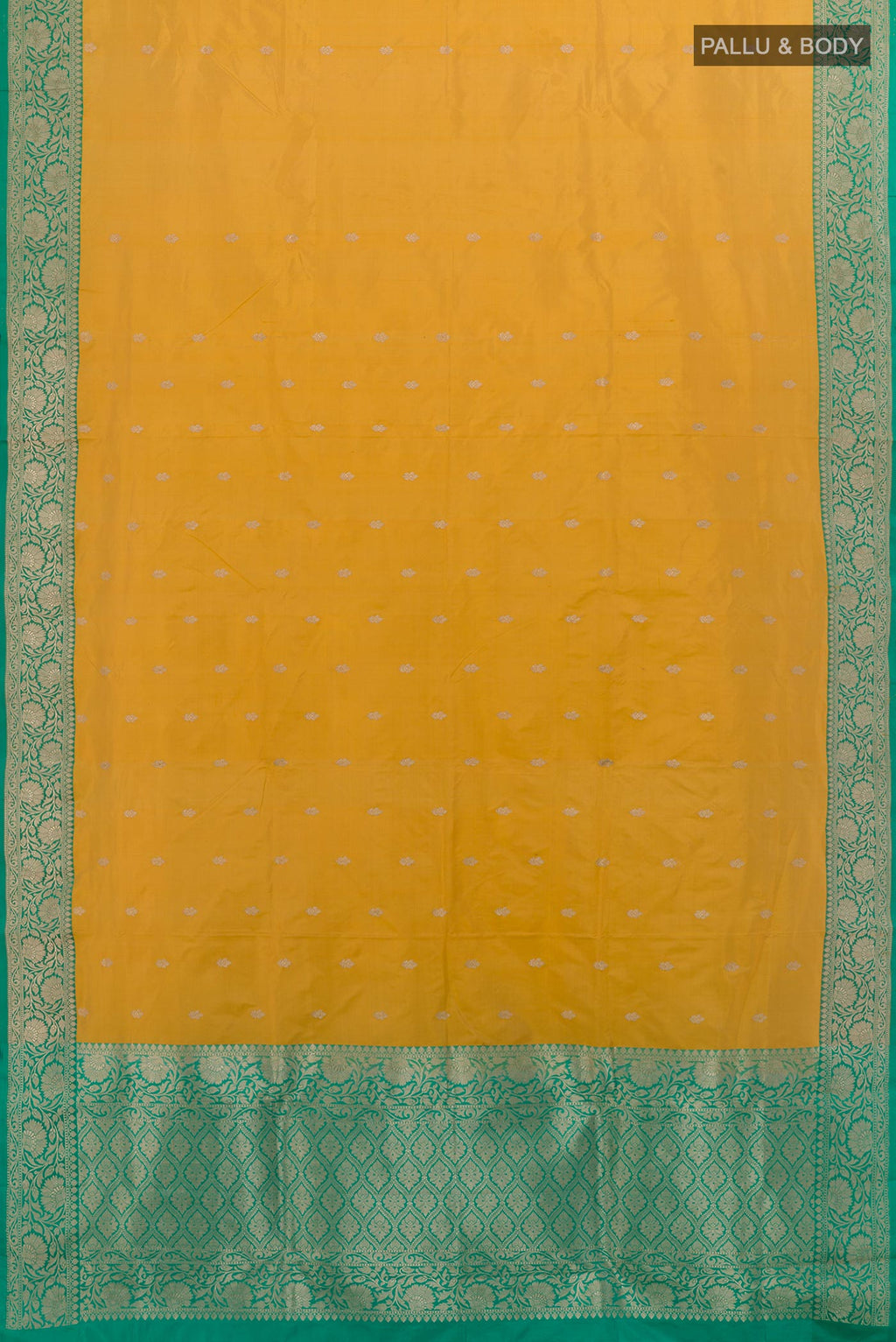 Flat view of Yellow Banarasi Katan Silk Saree with Zari Butta on the body and Zari Border. 