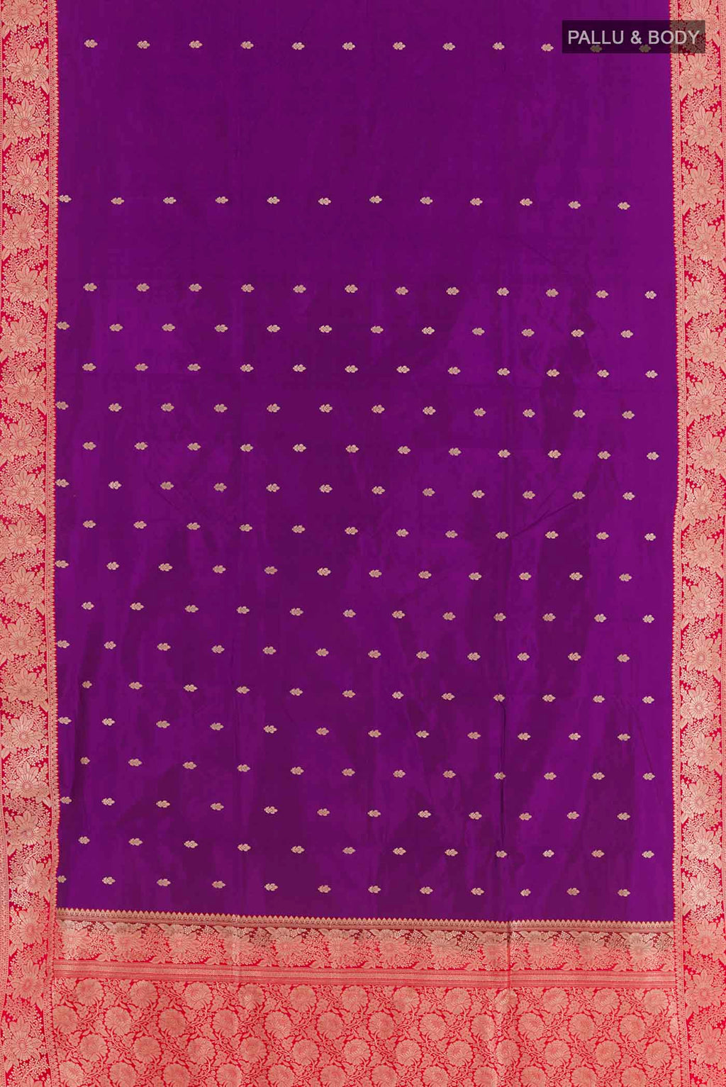 Flat view of Purple Banarasi Katan Silk Saree with Zari Butta on the body and Zari Border. 