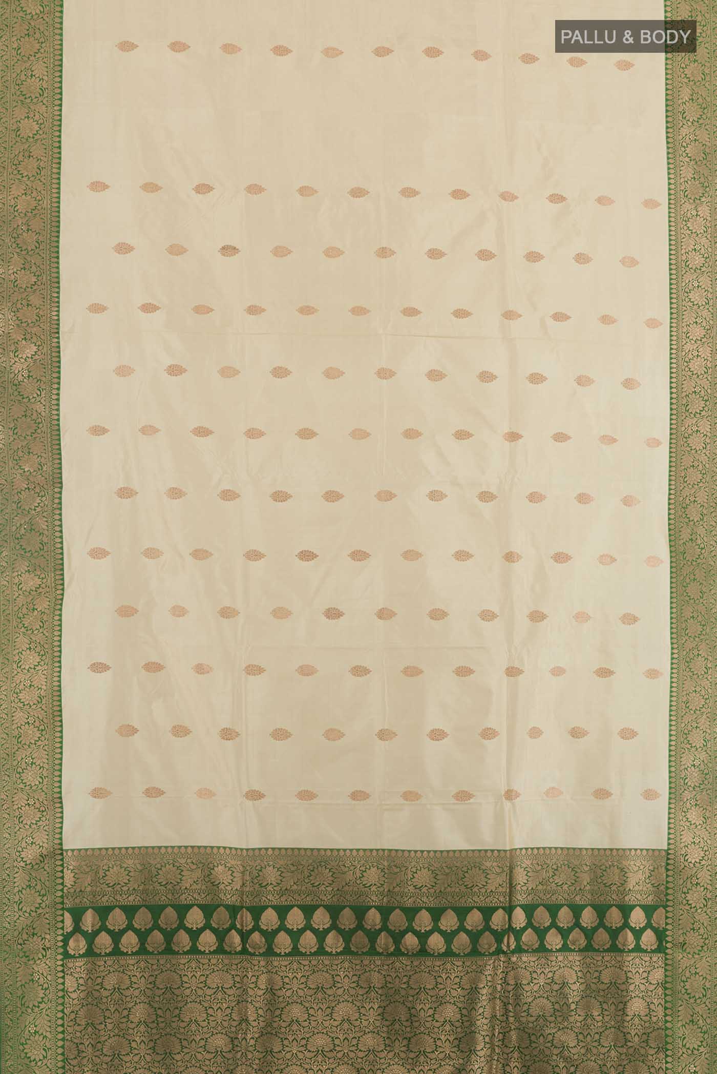 Flat view of Cream Banarasi Silk Saree with Zari Butta on the body and Zari Border. 
