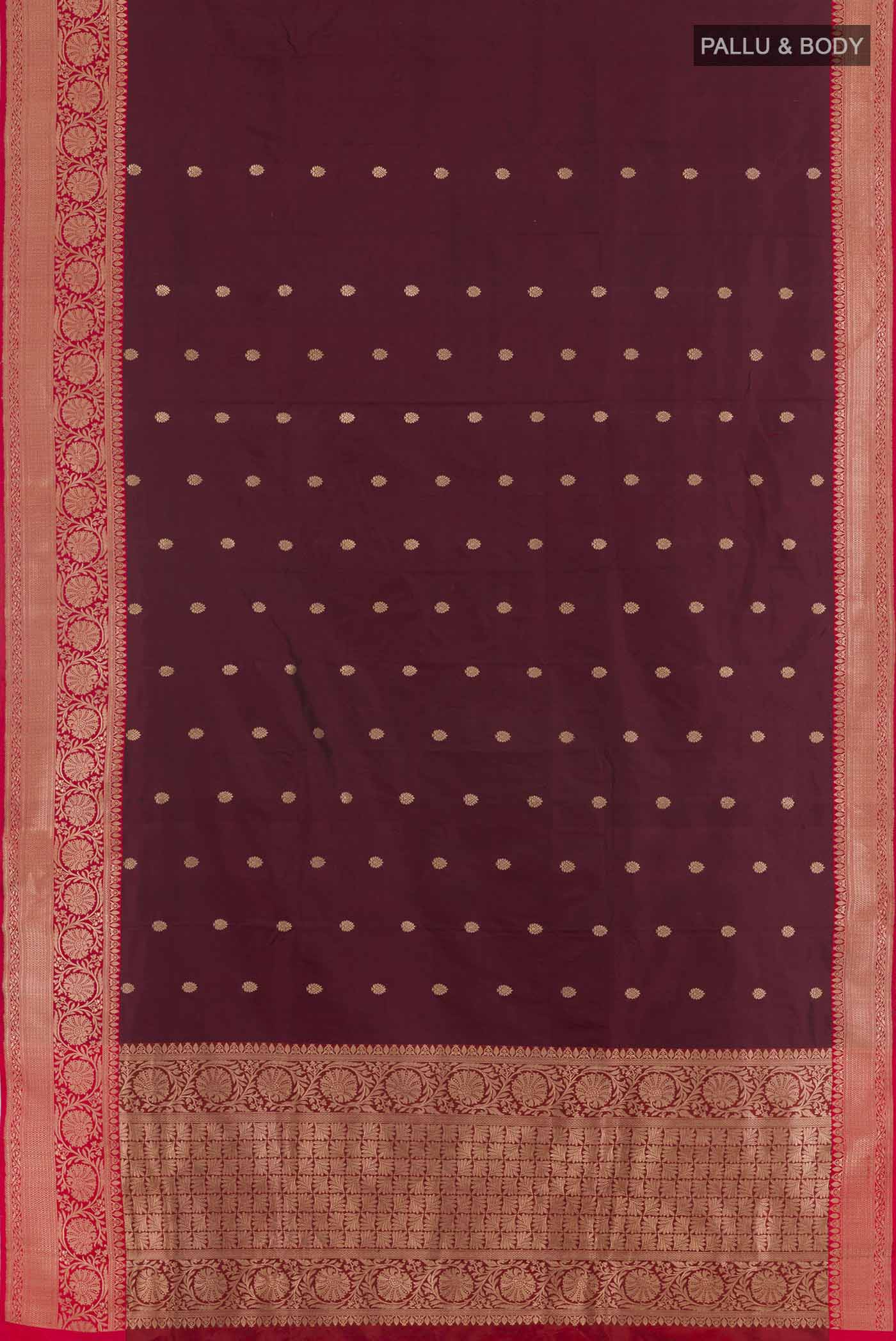 Flat view of Brown Banarasi Katan Silk Saree with Zari Butta on the body and Zari Border. 