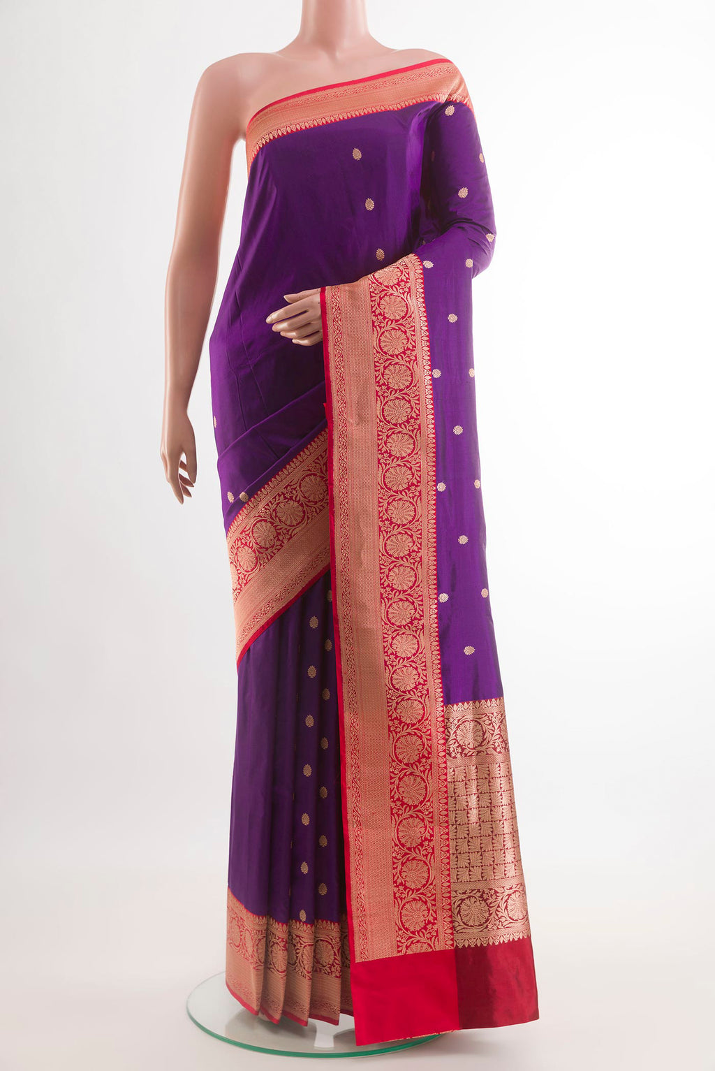 Purple Banarasi Katan Silk Saree with Zari Butta on the body and Zari Border.  displayed on a mannequin