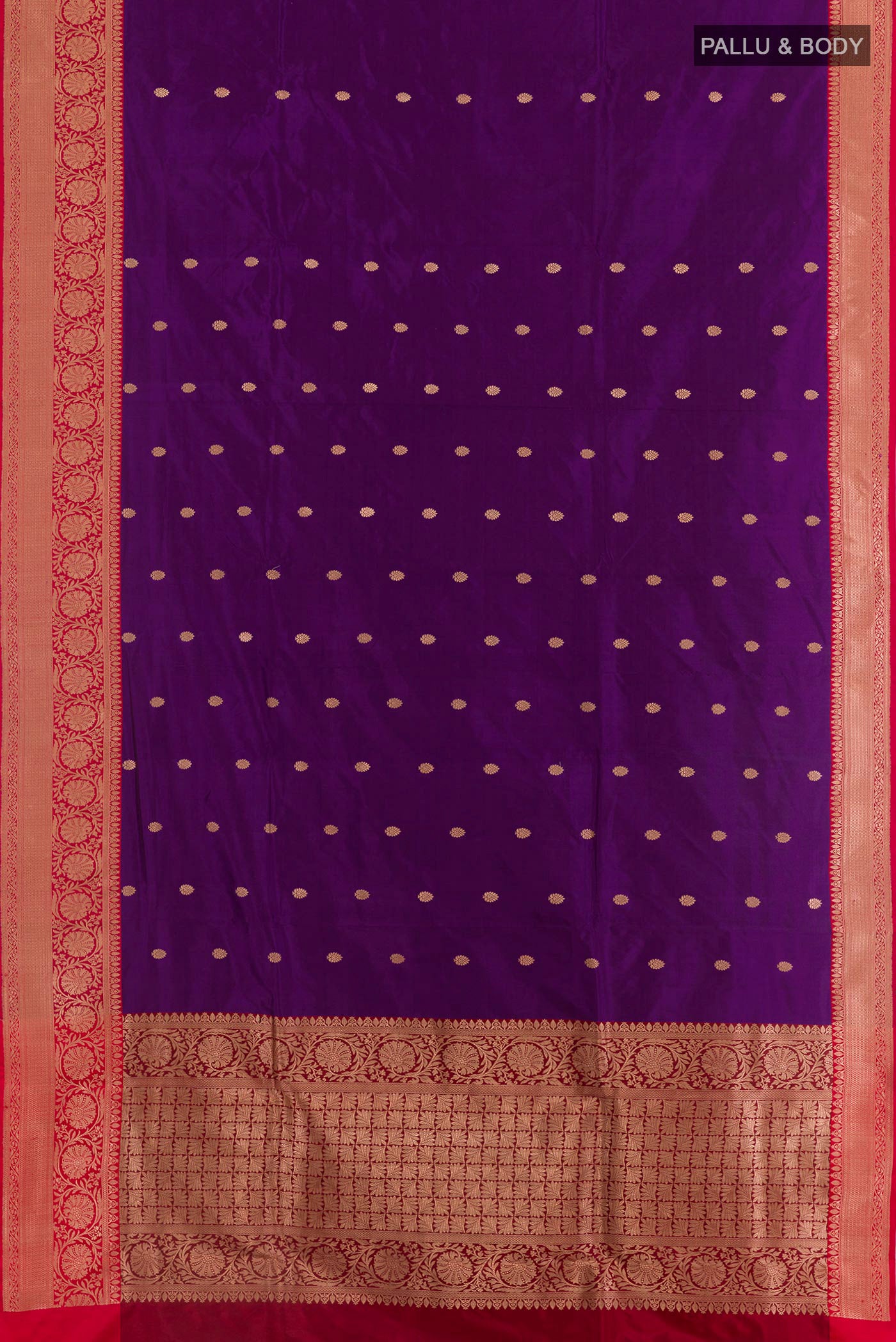 Flat view of Purple Banarasi Katan Silk Saree with Zari Butta on the body and Zari Border. 