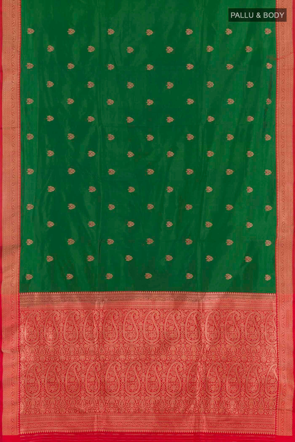 Flat view of Green Banarasi Katan Silk Saree with Zari Butta on the body and Zari Border. 
