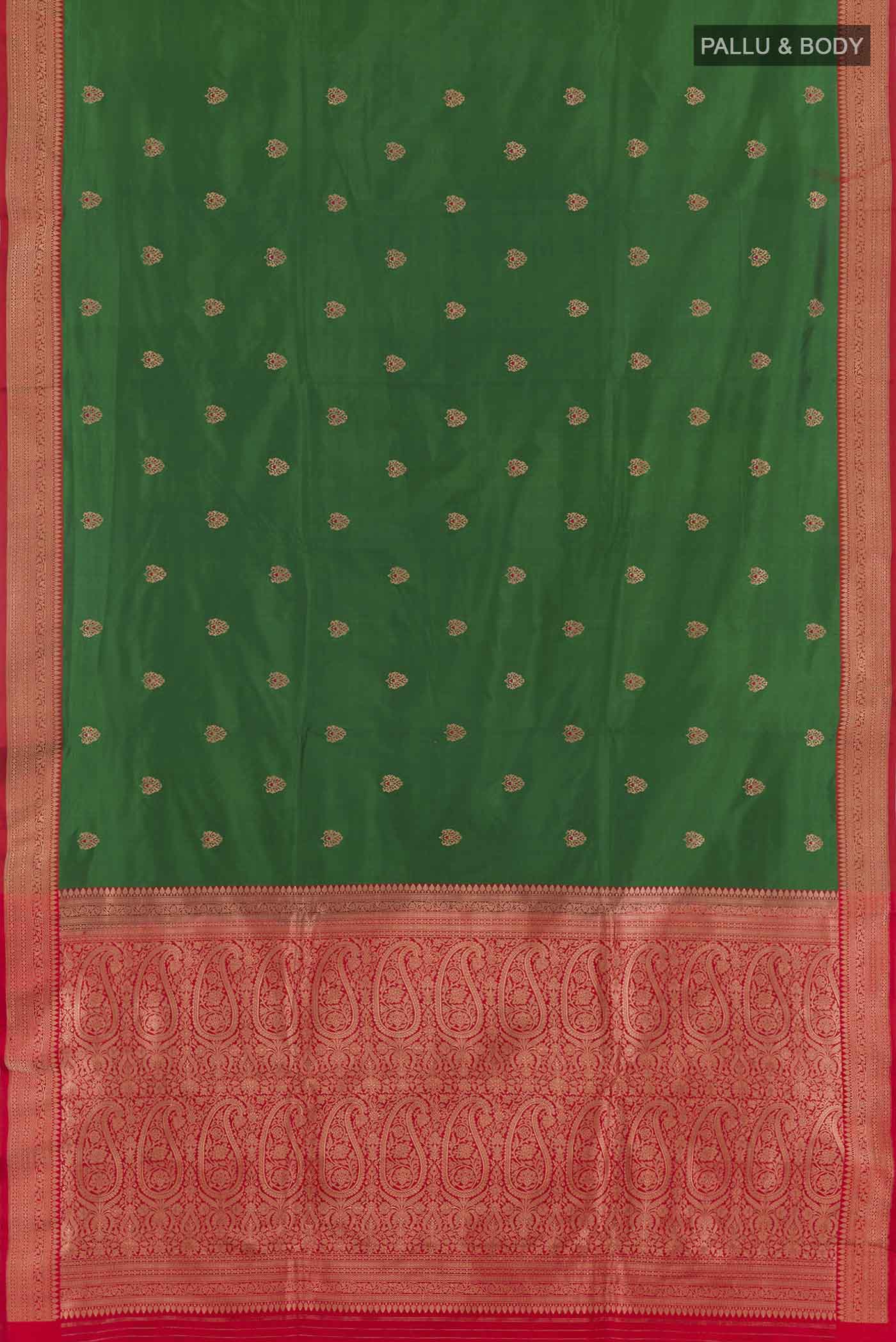 Flat view of Green Banarasi Katan Silk Saree with Zari Butta on the body and Zari Border. 