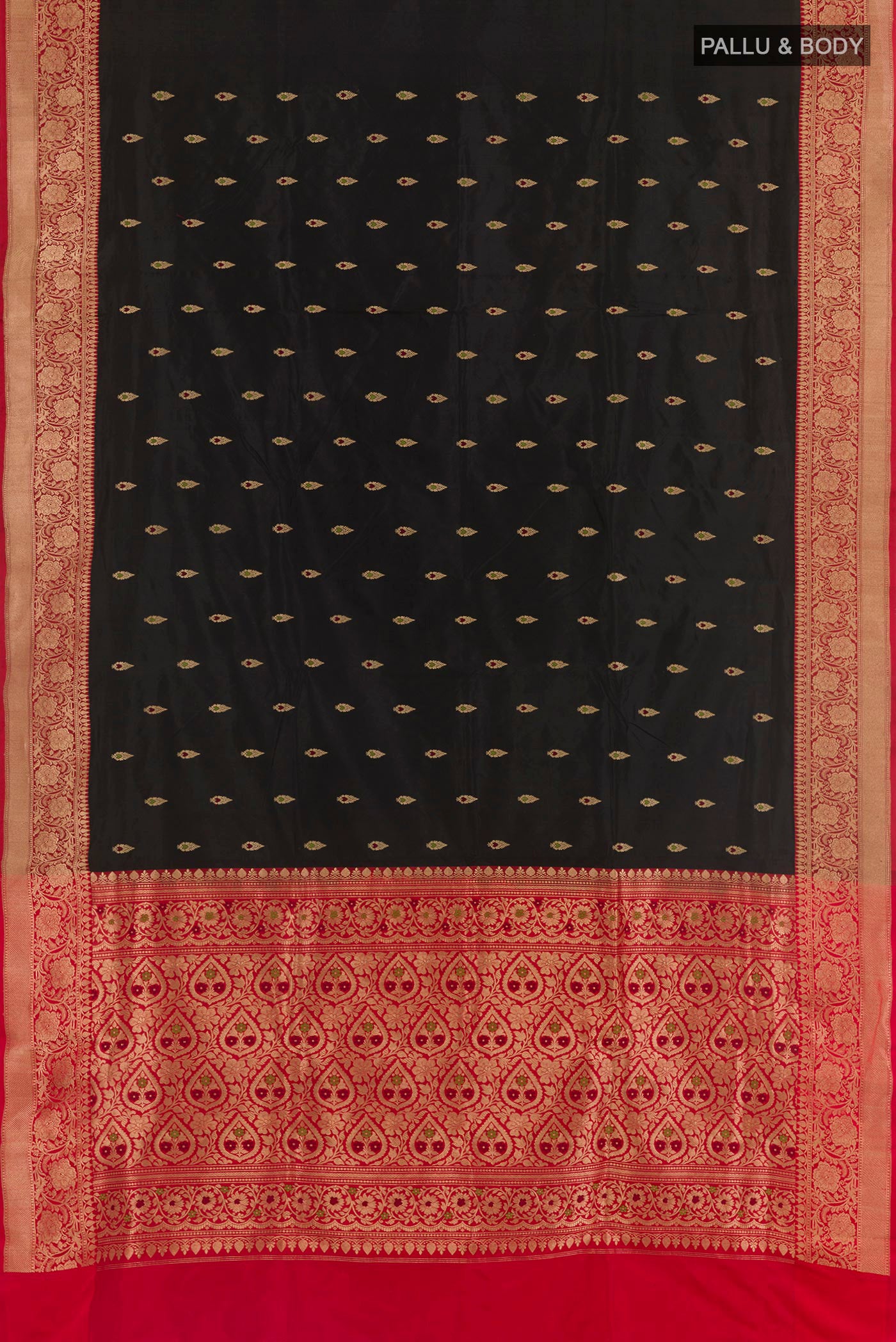Flat view of Black Banarasi Katan Silk Saree with Zari Butta on the body and Zari Border. 