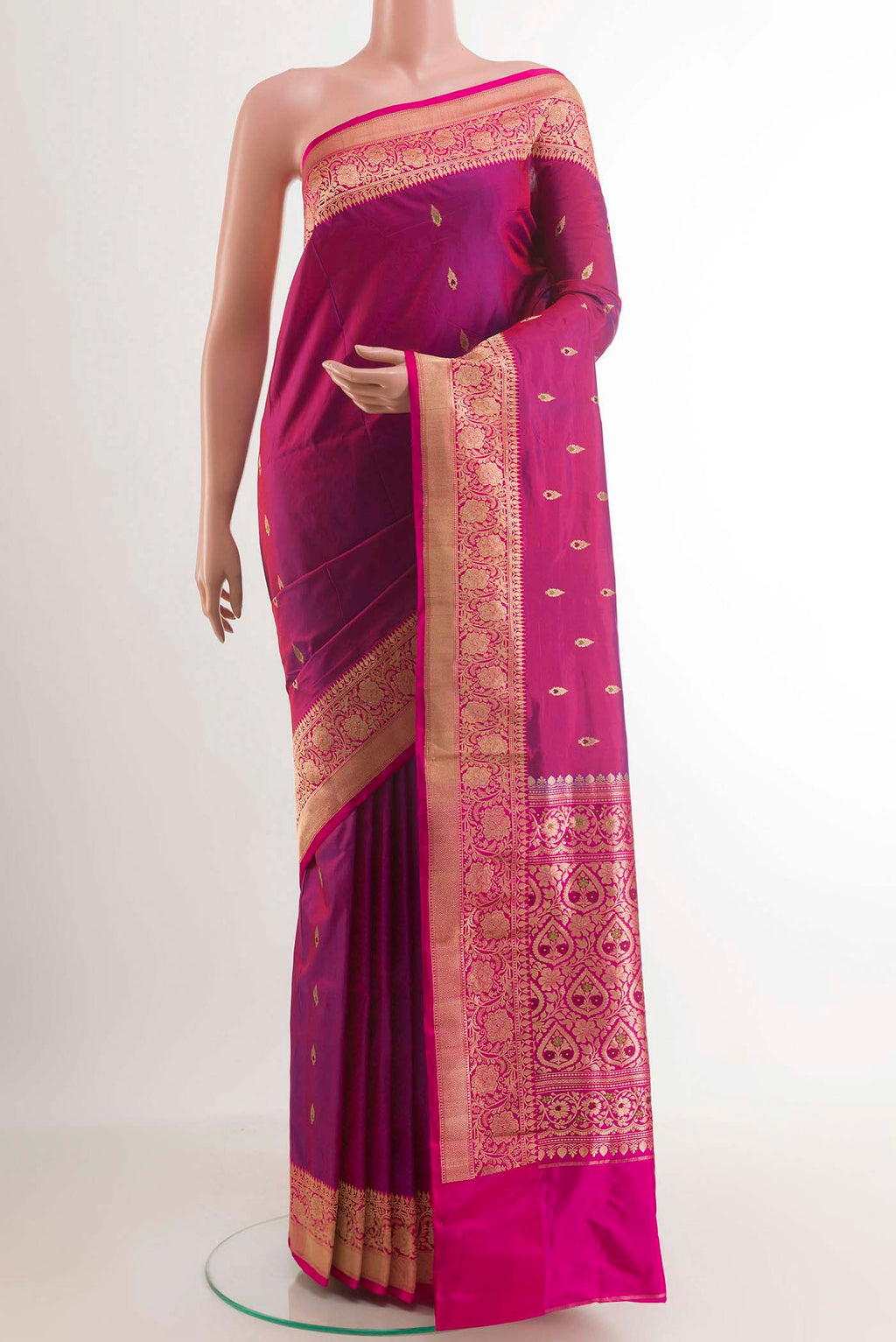 Purple Dual Tone Banarasi Katan Silk Saree with Zari Butta on the body and Zari Border.  displayed on a mannequin