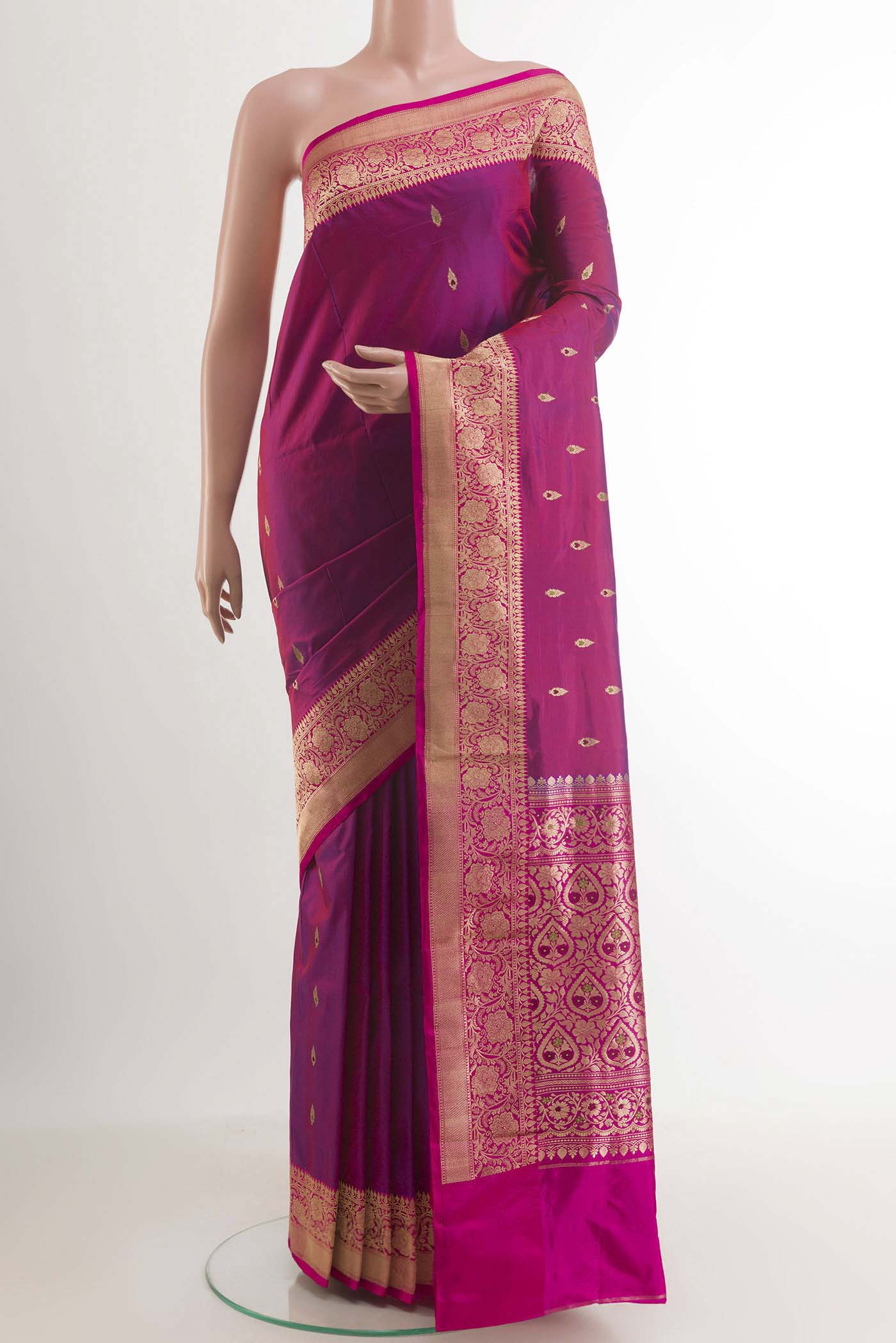 Purple Dual Tone Banarasi Katan Silk Saree with Zari Butta on the body and Zari Border.  displayed on a mannequin