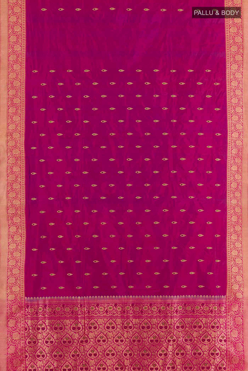 Flat view of Purple Dual Tone Banarasi Katan Silk Saree with Zari Butta on the body and Zari Border. 
