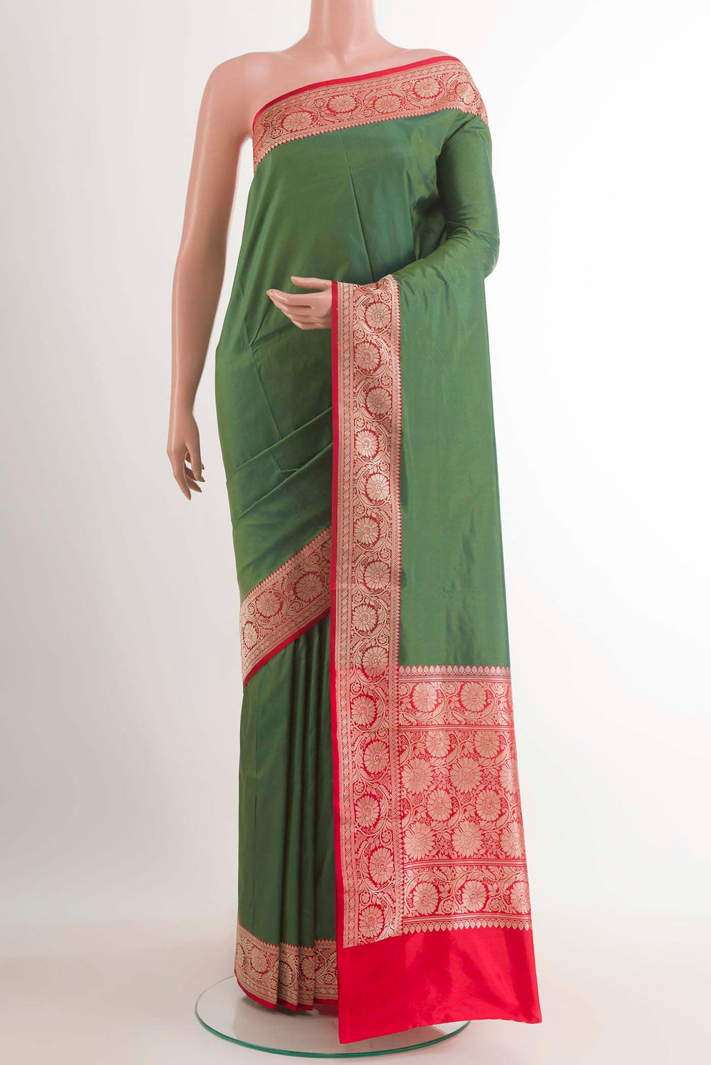 Green Banarasi Katan Silk Saree with Plain Body and Zari Border.  displayed on a mannequin