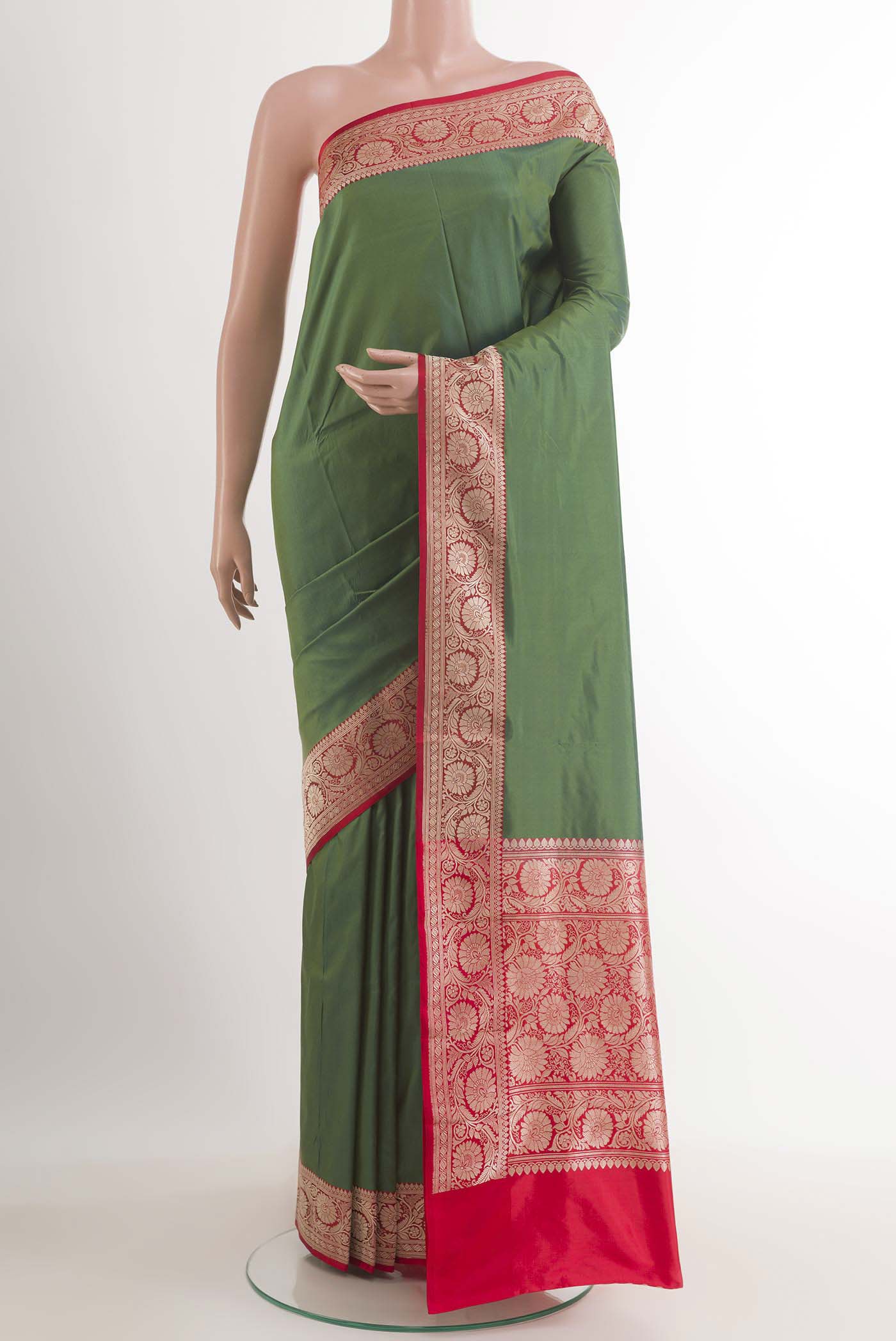 Green Banarasi Katan Silk Saree with Plain Body and Zari Border.  displayed on a mannequin
