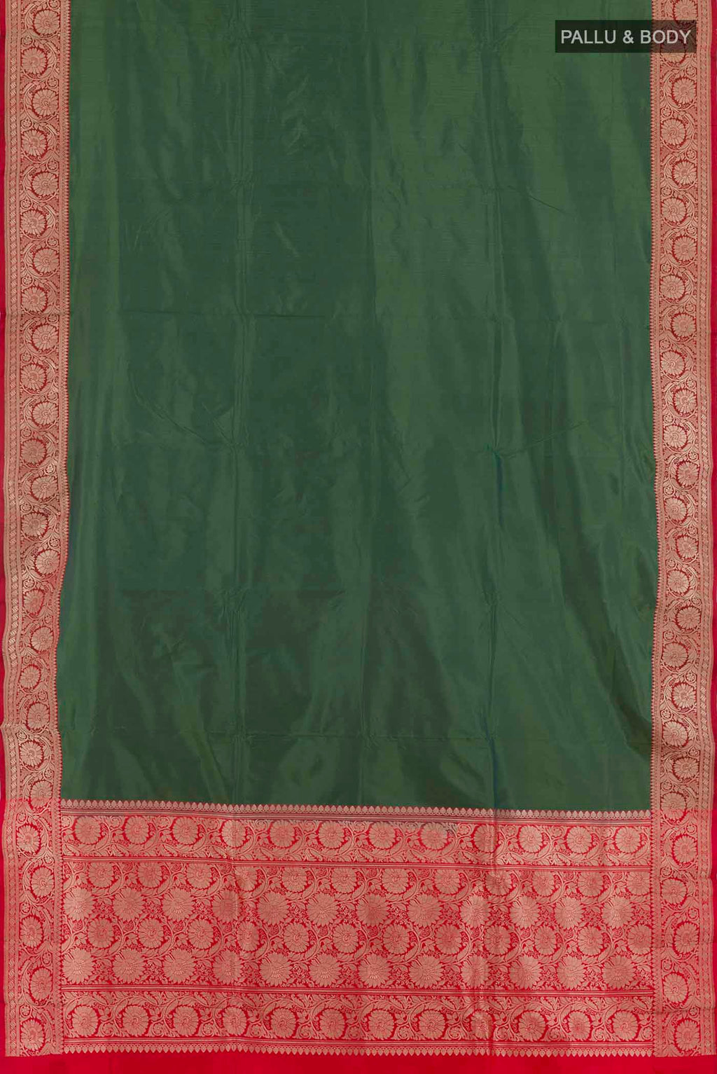 Flat view of Green Banarasi Katan Silk Saree with Plain Body and Zari Border. 