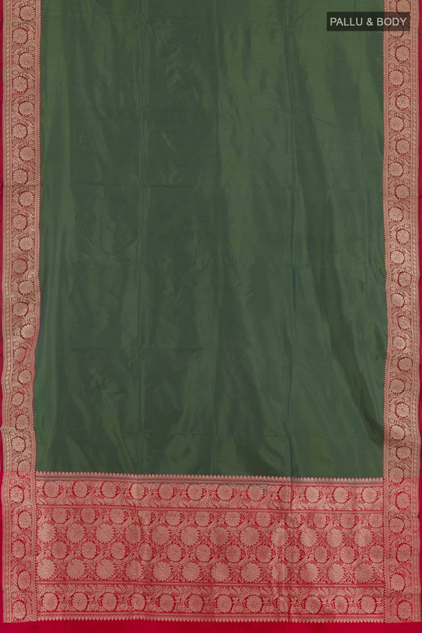 Flat view of Green Banarasi Katan Silk Saree with Plain Body and Zari Border. 