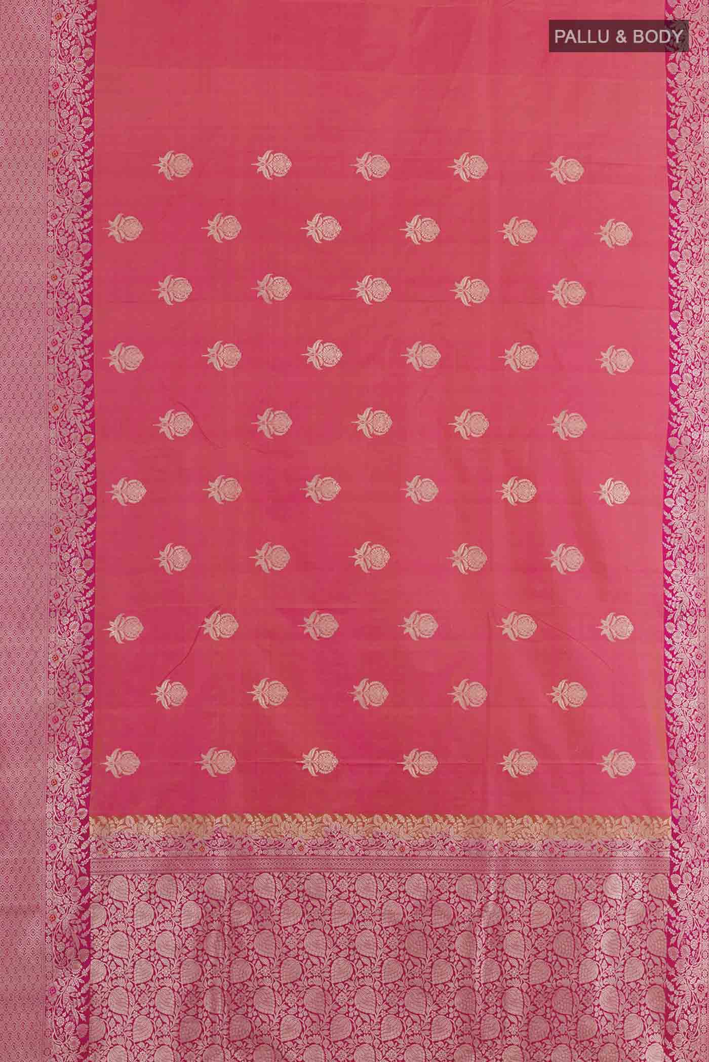 Flat view of Peach Dual Tone Banarasi Katan Silk Saree with Zari Butta on the body and Zari Border. 