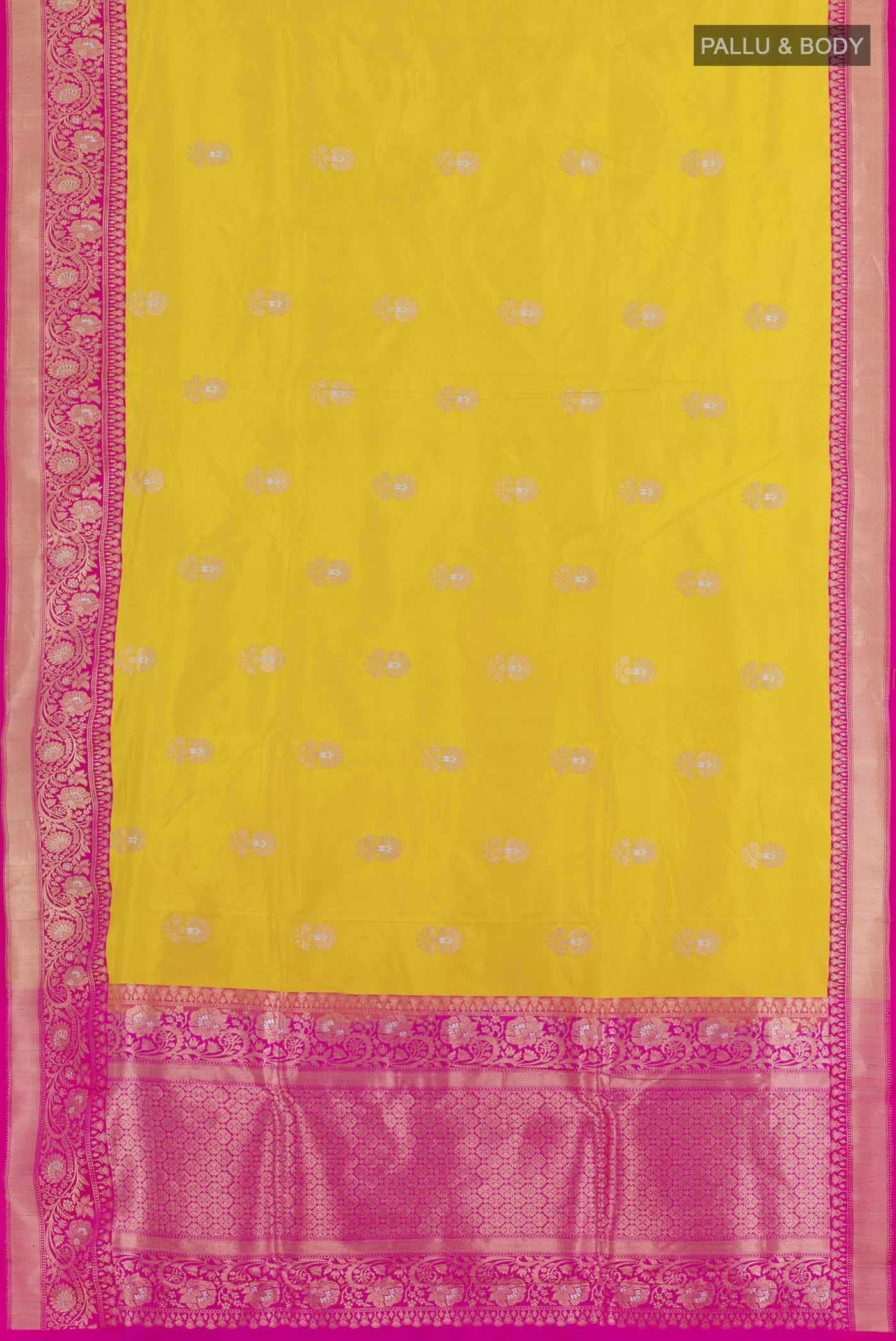 Flat view of Yellow Banarasi Katan Silk Saree with Zari Butta on the body and Zari Border. 