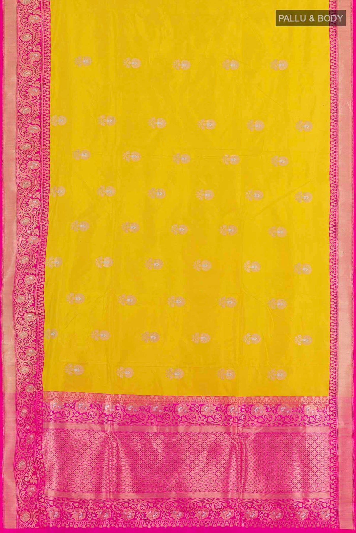 Flat view of Yellow Banarasi Katan Silk Saree with Zari Butta on the body and Zari Border. 