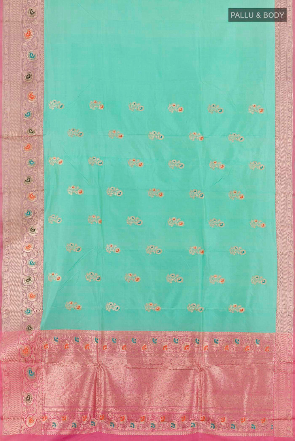 Flat view of Turquoise Banarasi Katan Silk Saree with Zari Butta on the body and Zari Border. 