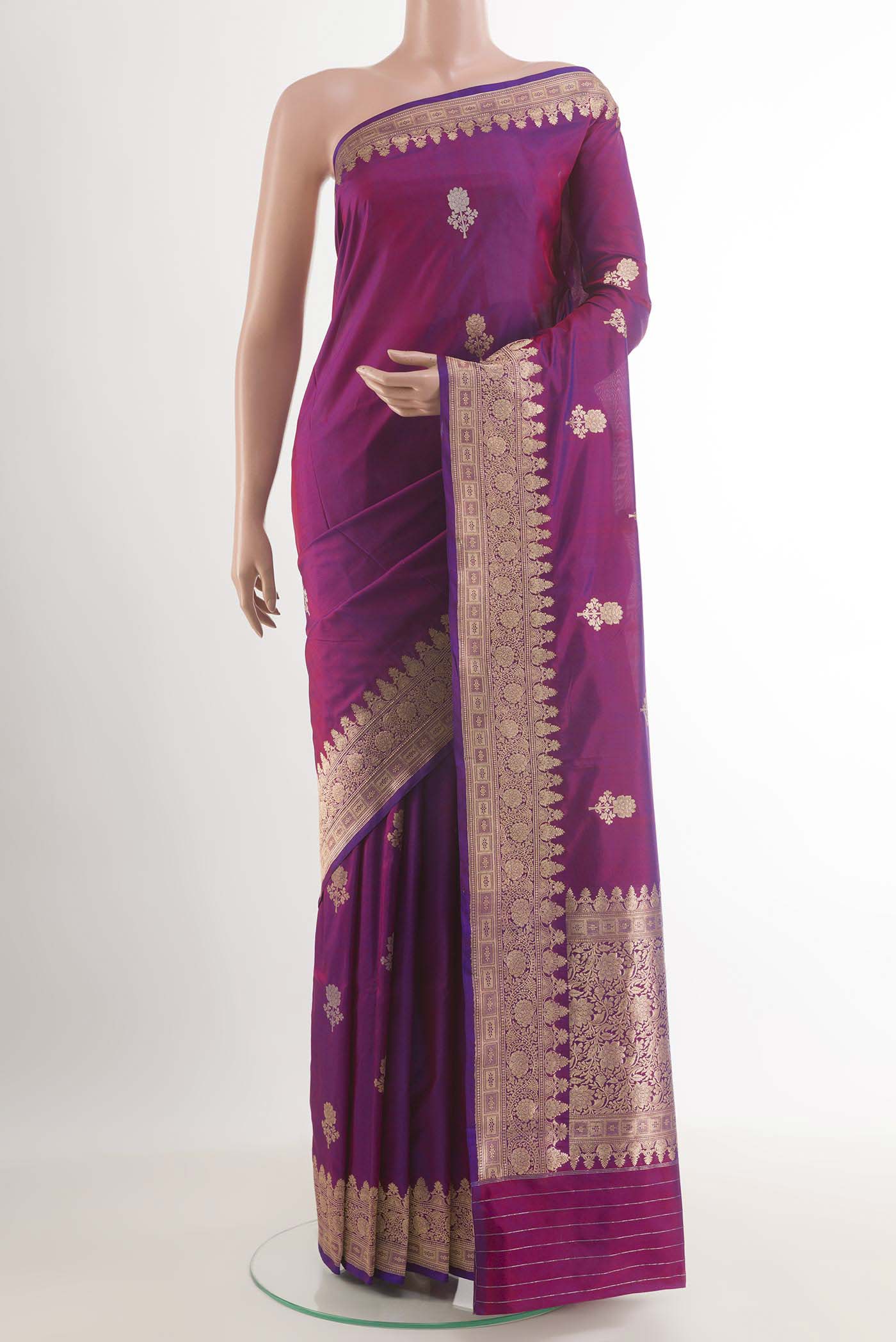 Purple Banarasi Katan Silk Saree with Zari Butta on the body and Zari Border.  displayed on a mannequin