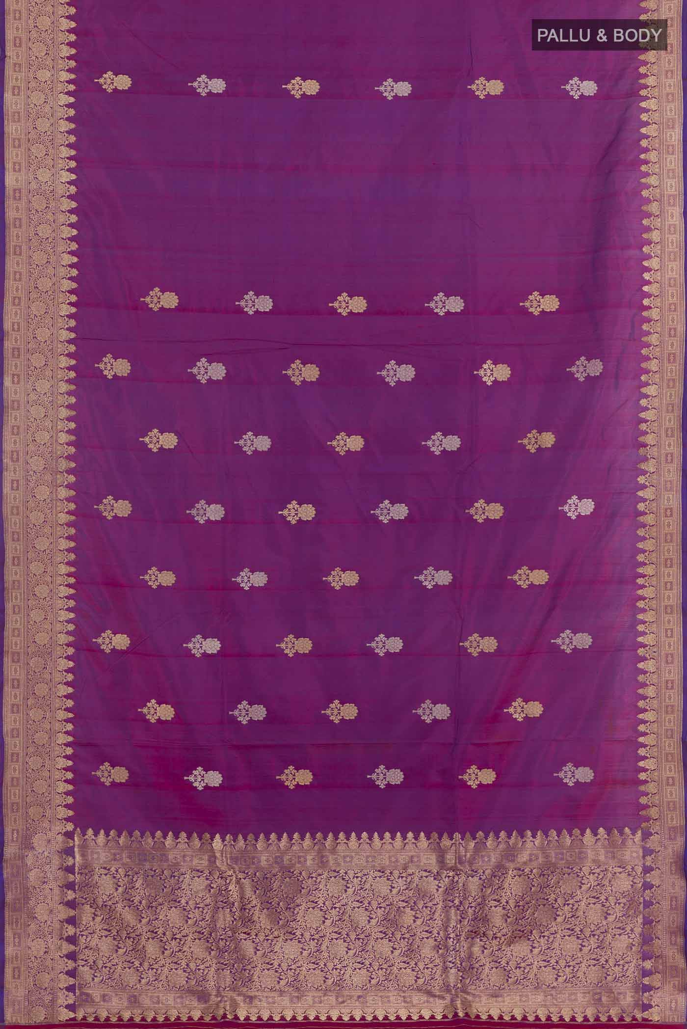 Flat view of Purple Banarasi Katan Silk Saree with Zari Butta on the body and Zari Border. 