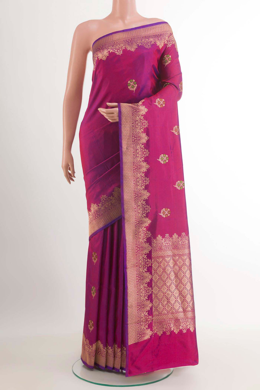Purple Banarasi Katan Silk Saree with Zari Butta on the body and Zari Border.  displayed on a mannequin