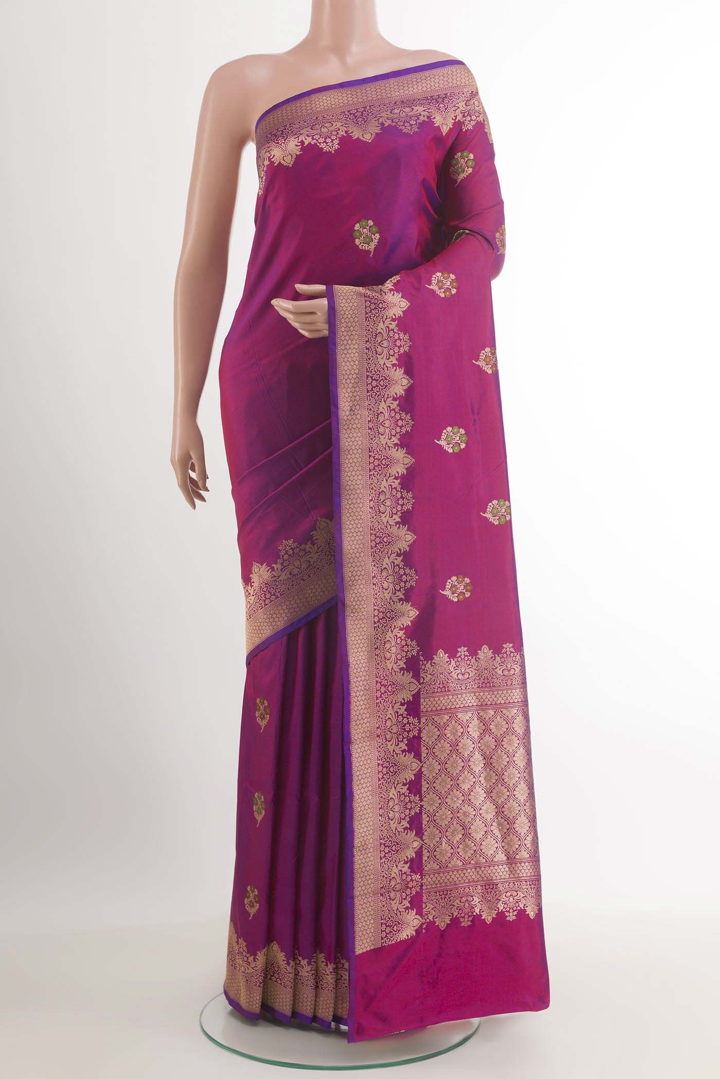 Purple Banarasi Katan Silk Saree with Zari Butta on the body and Zari Border.  displayed on a mannequin