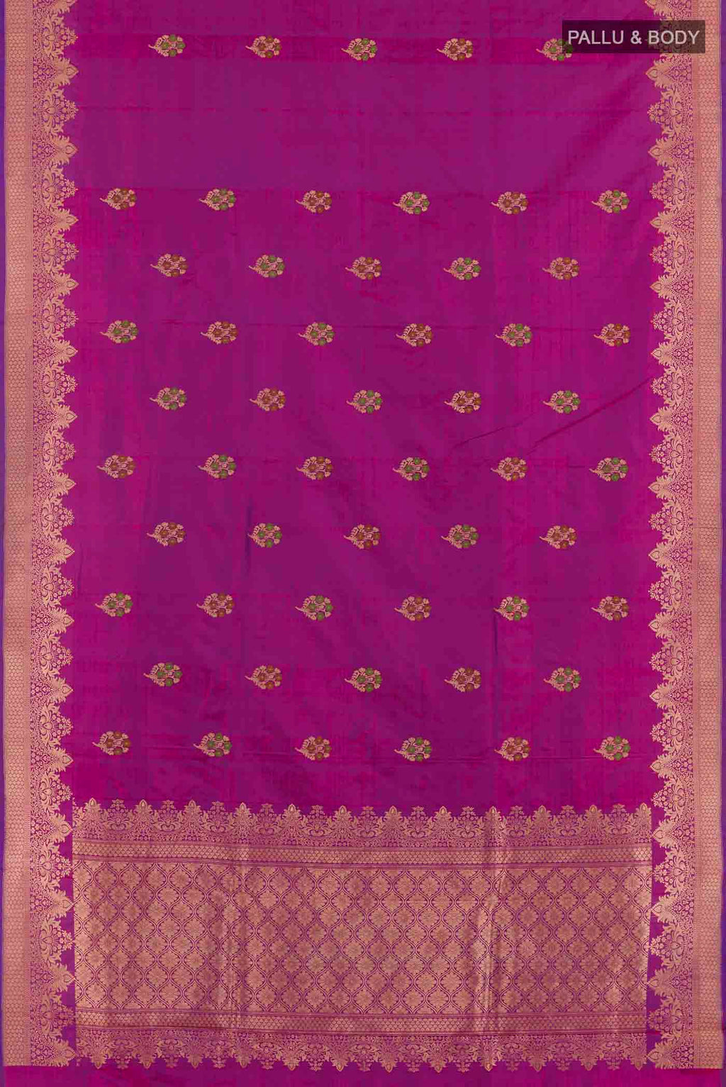 Flat view of Purple Banarasi Katan Silk Saree with Zari Butta on the body and Zari Border. 