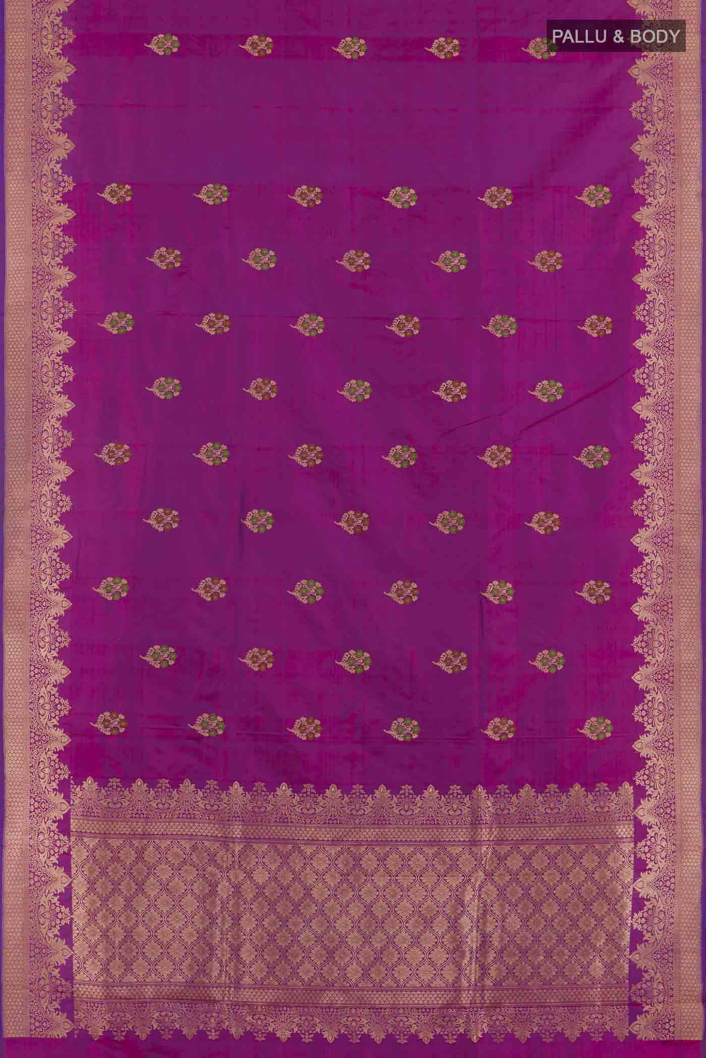Flat view of Purple Banarasi Katan Silk Saree with Zari Butta on the body and Zari Border. 