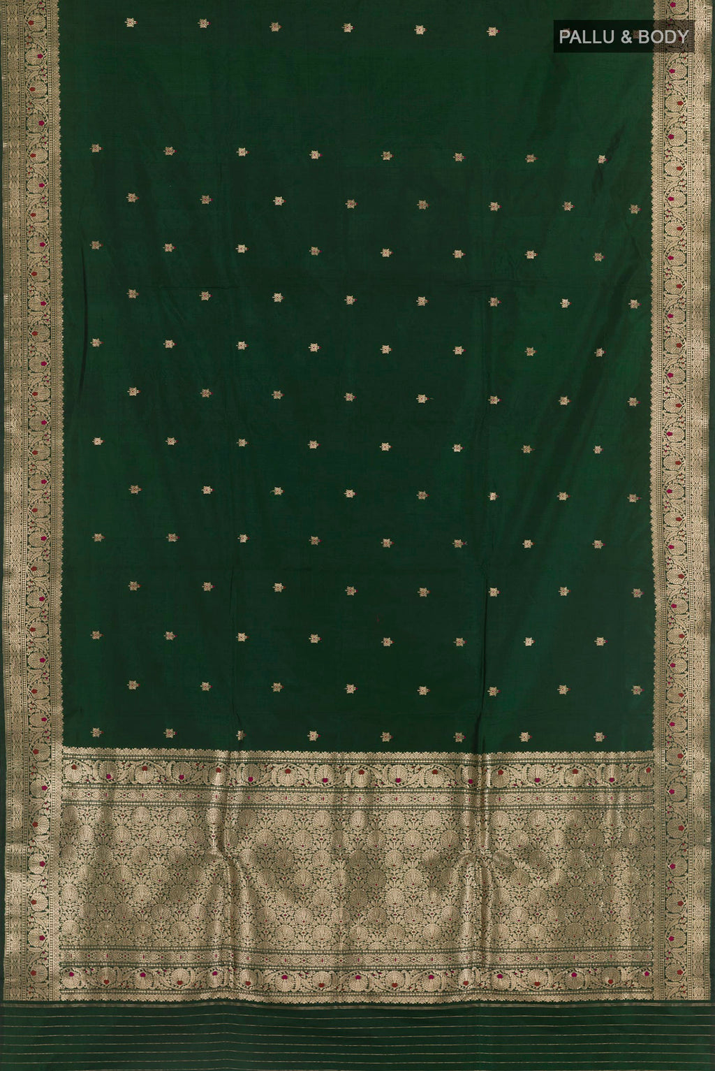 Flat view of Bottle Green Banarasi Katan Silk Saree with Zari Butta on the body and Zari Border. 