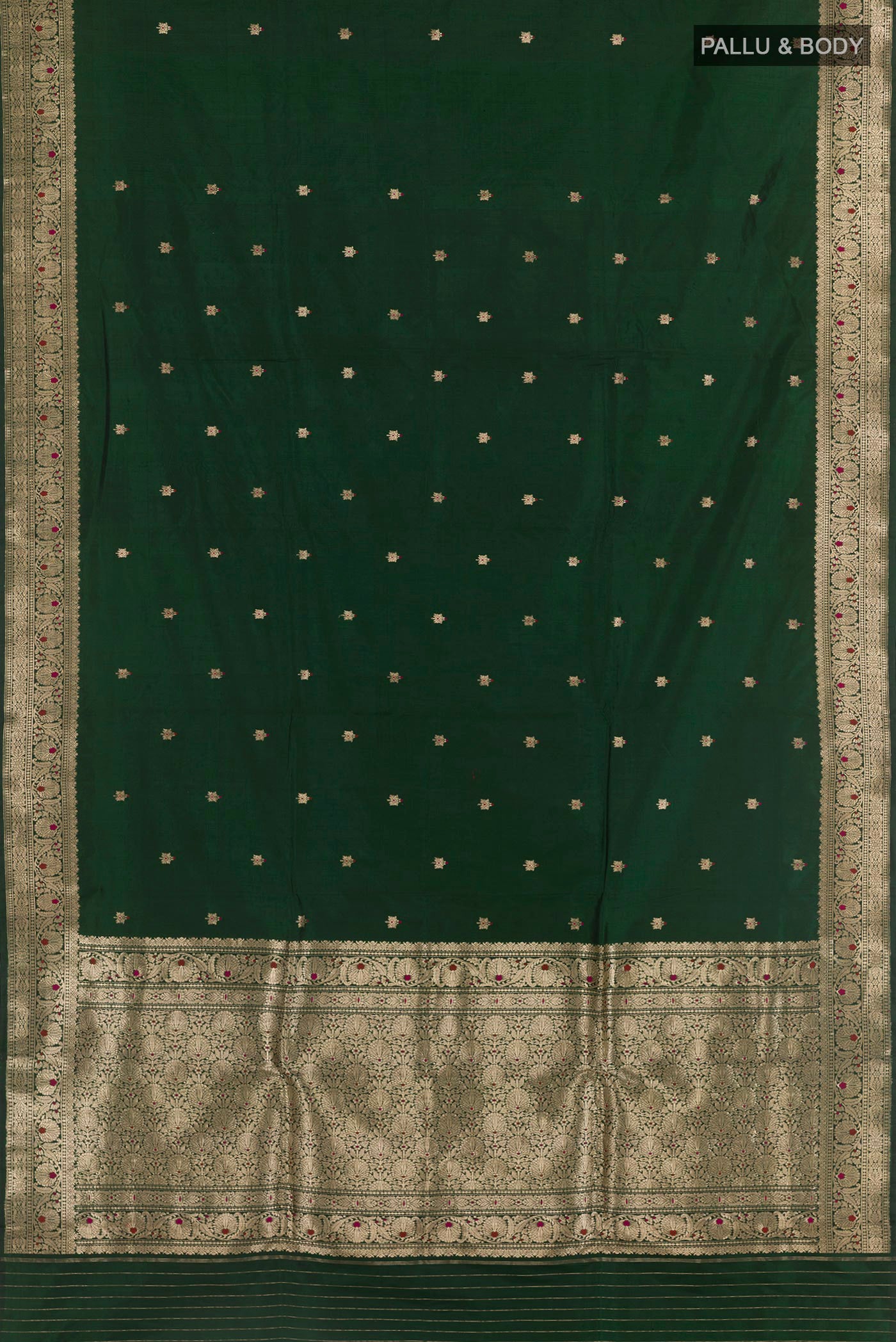 Flat view of Bottle Green Banarasi Katan Silk Saree with Zari Butta on the body and Zari Border. 