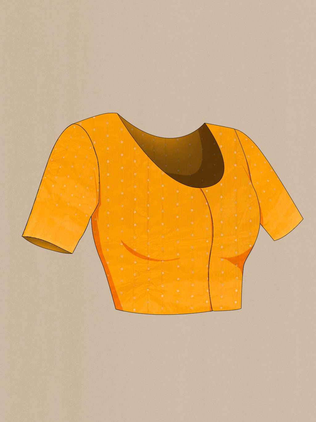 Close up image of the blouse of Yellow Banarasi Katan Silk Saree with Zari Butta on the body and Zari Border. 