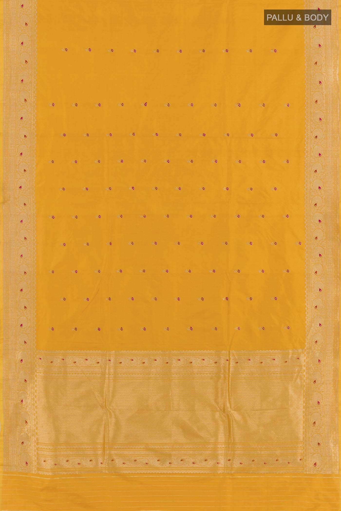 Flat view of Yellow Banarasi Katan Silk Saree with Zari Butta on the body and Zari Border. 