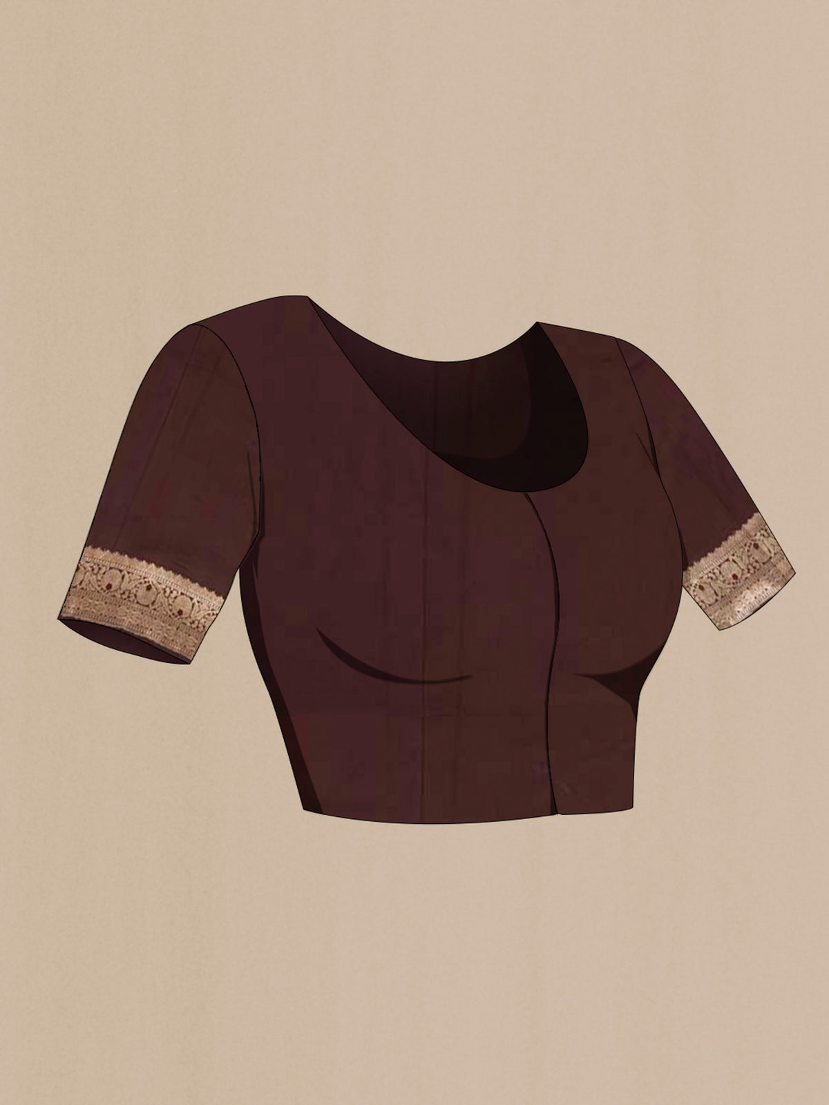 Close up image of the blouse of Brown Banarasi Katan Silk Saree with Zari Butta on the body and Zari Border. 