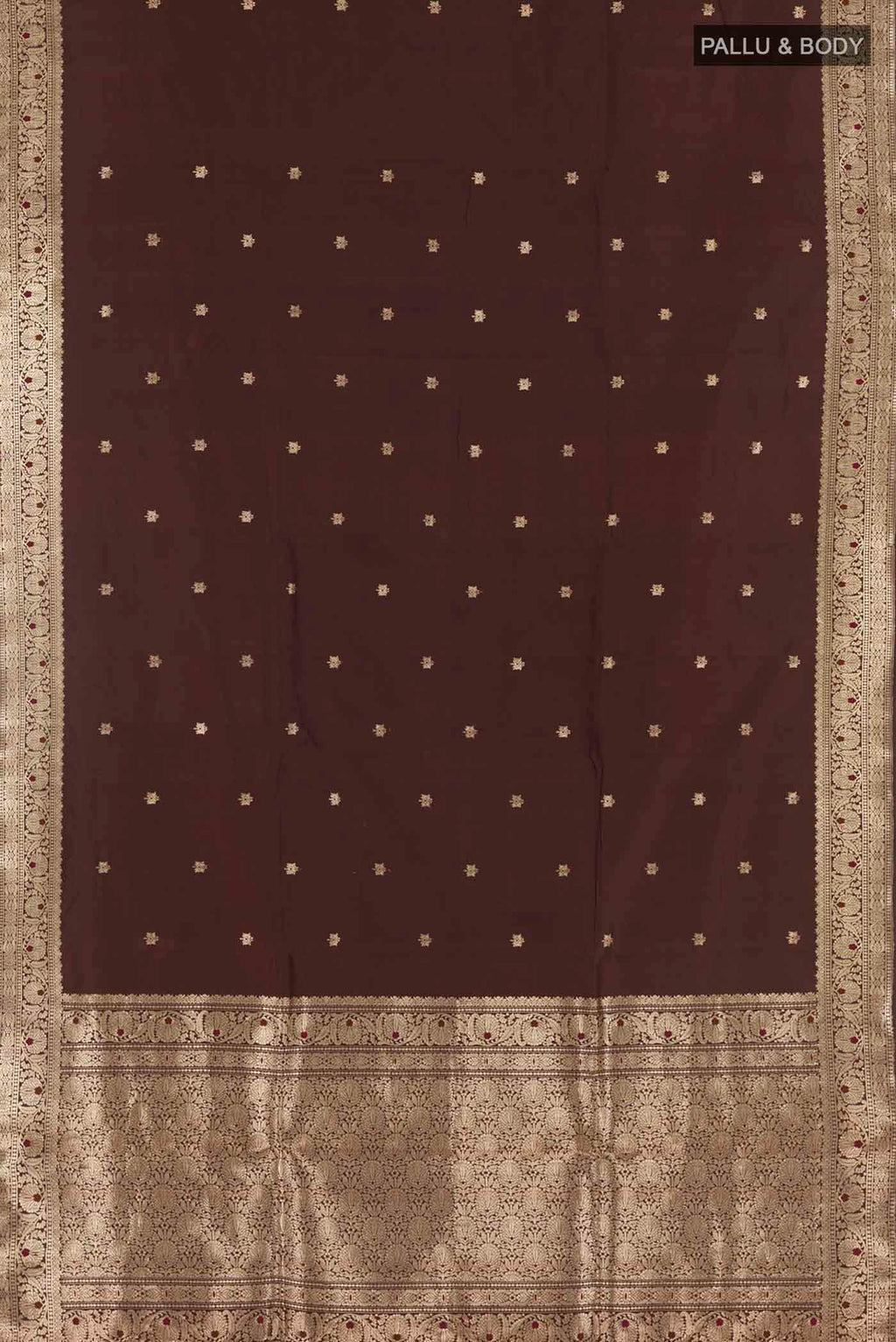 Flat view of Brown Banarasi Katan Silk Saree with Zari Butta on the body and Zari Border. 