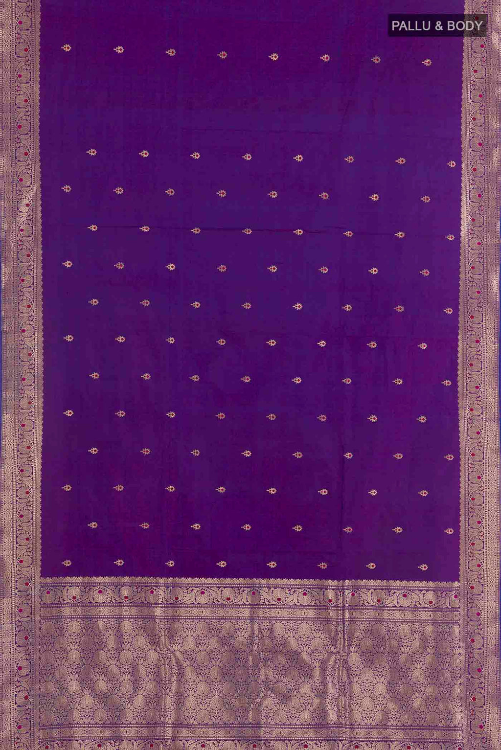 Flat view of Purple Banarasi Katan Silk Saree with Zari Butta on the body and Zari Border. 