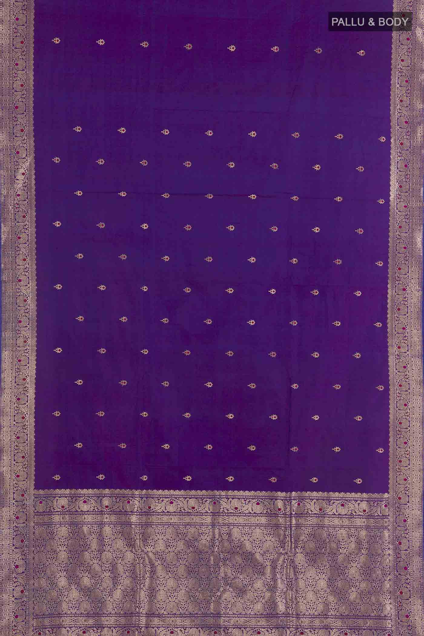 Flat view of Purple Banarasi Katan Silk Saree with Zari Butta on the body and Zari Border. 