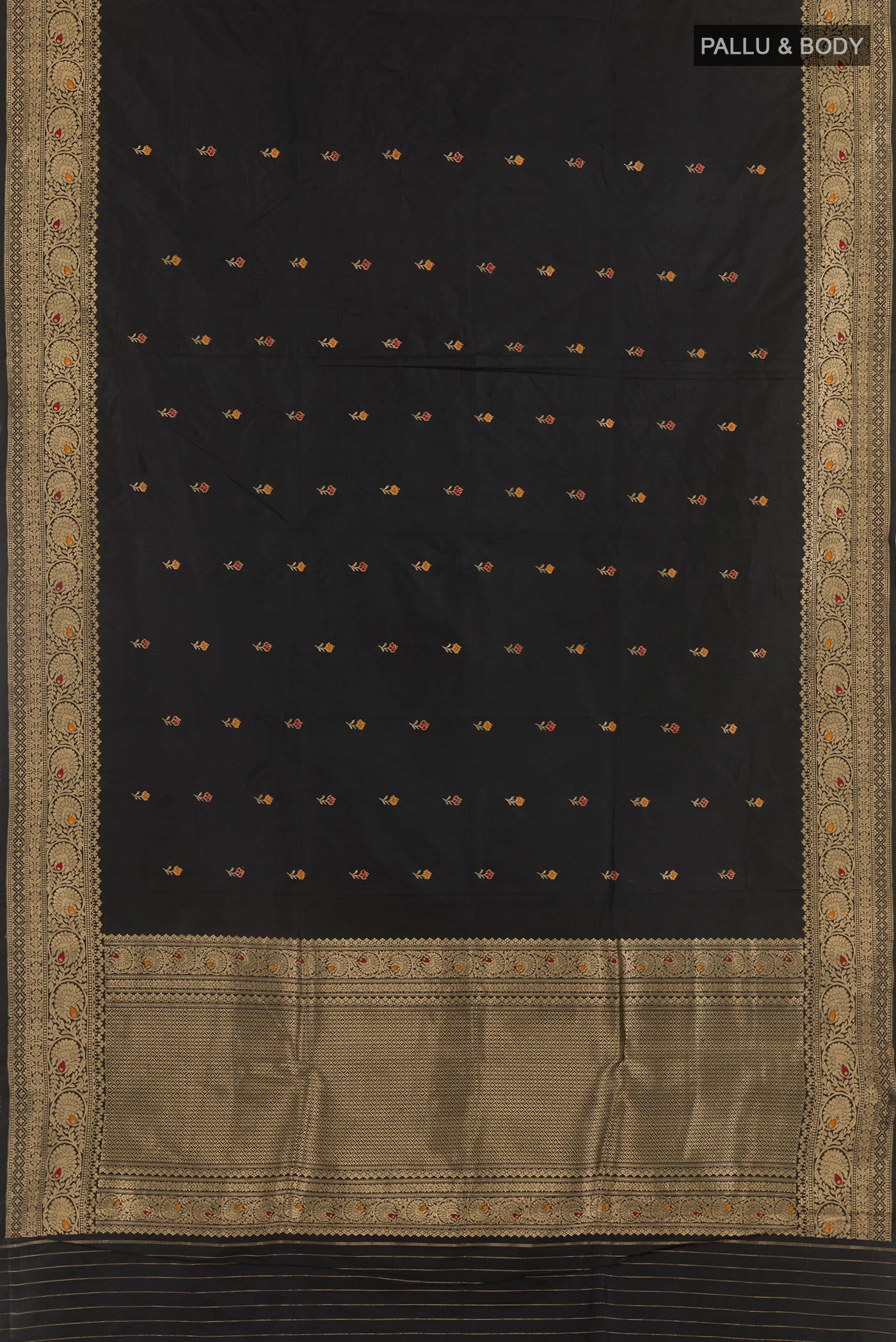Flat view of Black Banarasi Katan Silk Saree with Zari Butta on the body and Zari Border. 