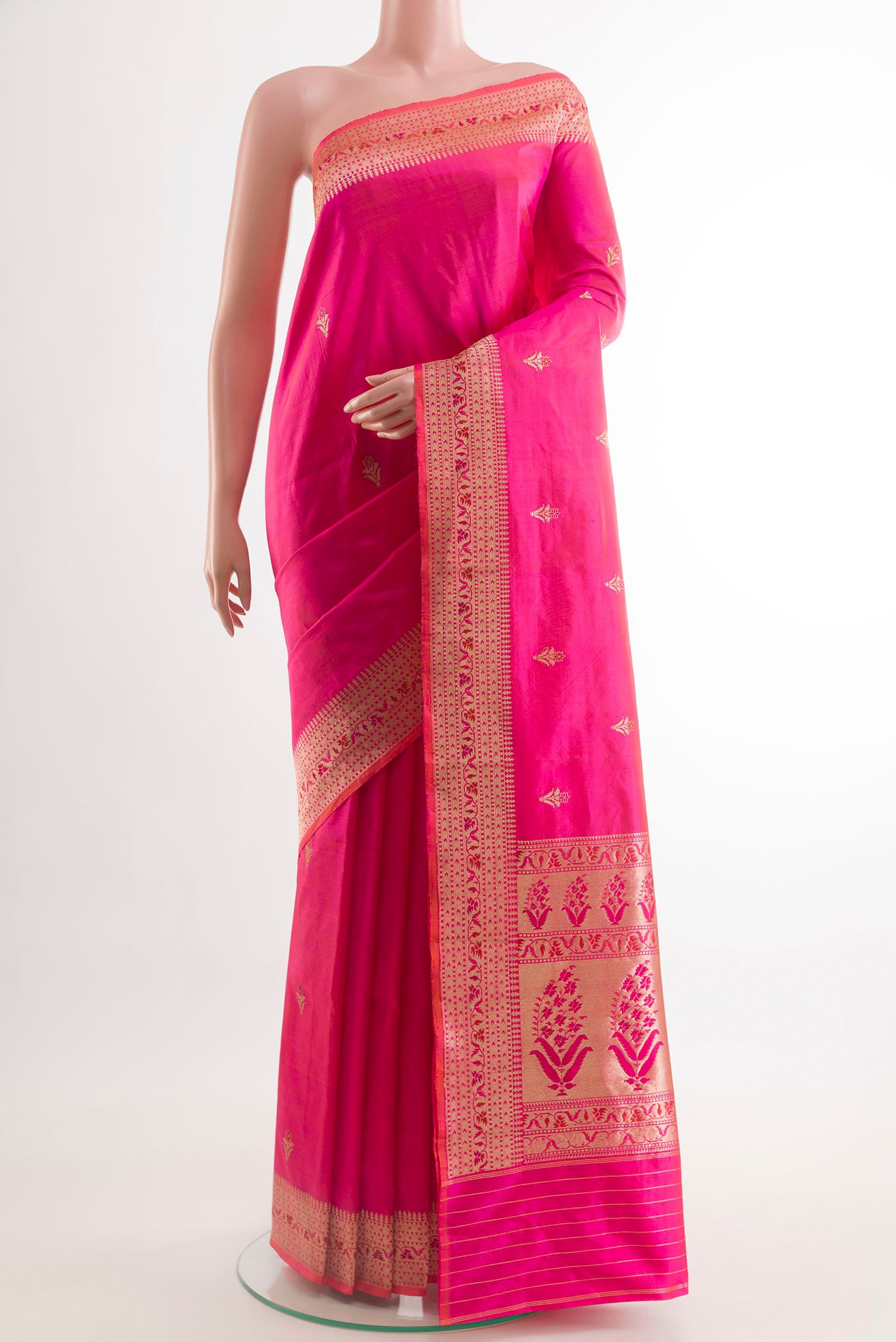 Pink Banarasi Katan Silk Saree with Zari Butta on the body and Zari Border.  displayed on a mannequin