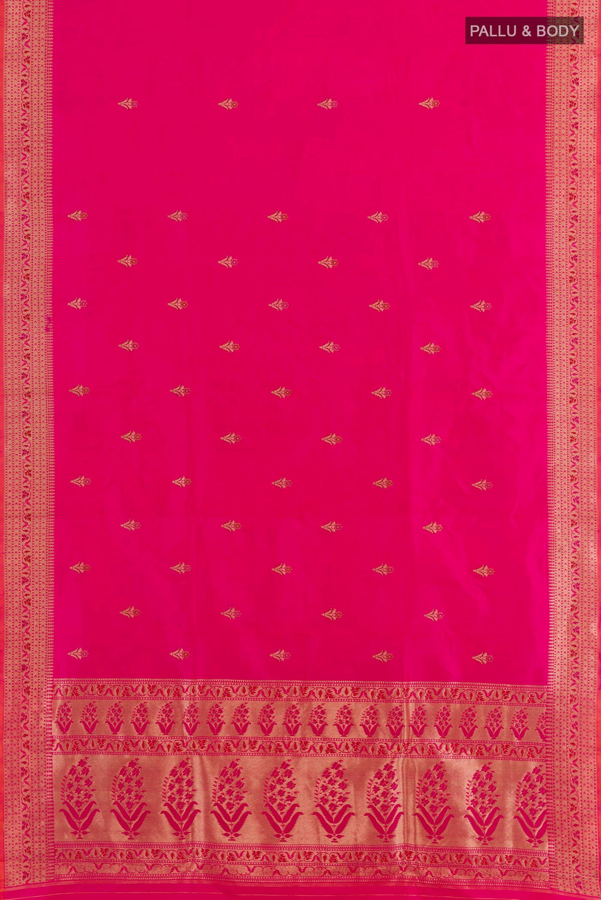 Flat view of Pink Banarasi Katan Silk Saree with Zari Butta on the body and Zari Border. 
