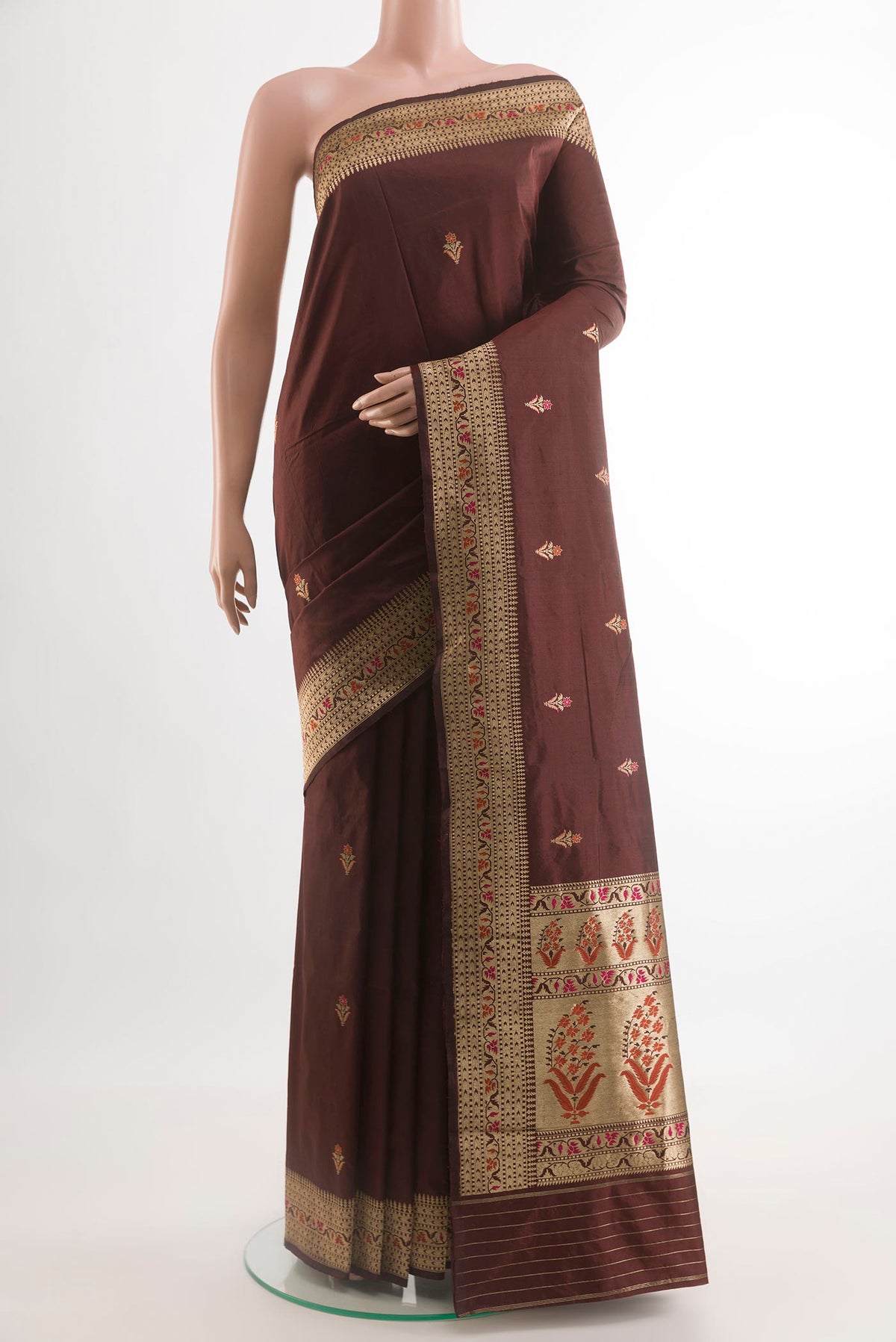 Brown Banarasi Katan Silk Saree with Zari Butta on the body and Zari Border.  displayed on a mannequin
