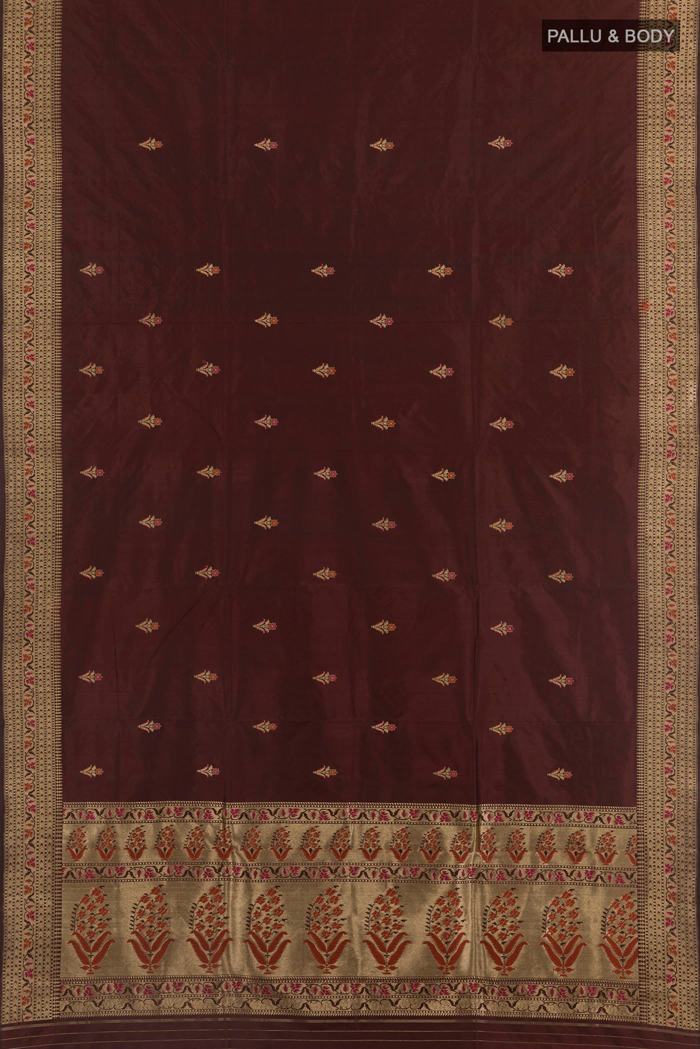 Flat view of Brown Banarasi Katan Silk Saree with Zari Butta on the body and Zari Border. 