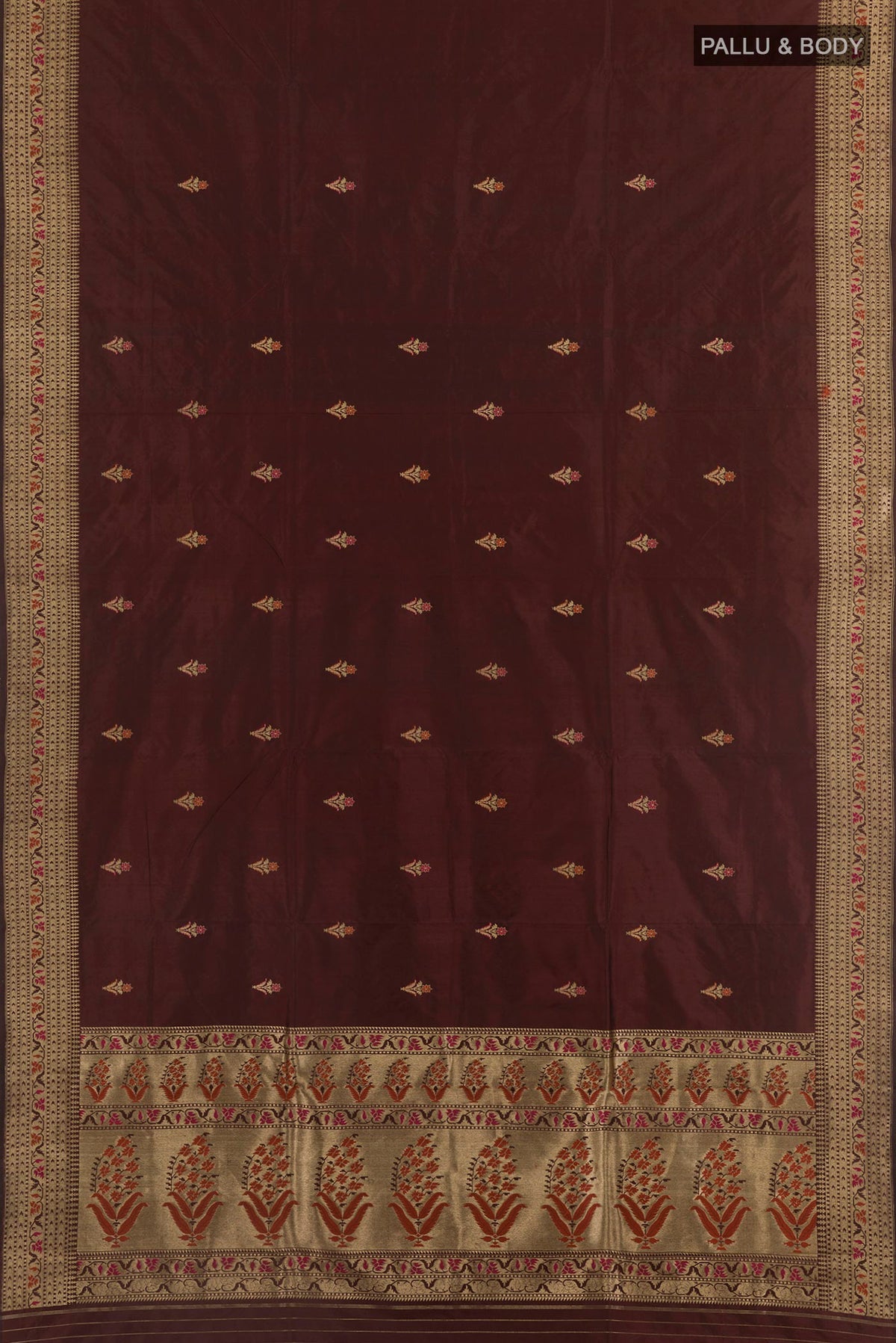 Flat view of Brown Banarasi Katan Silk Saree with Zari Butta on the body and Zari Border. 