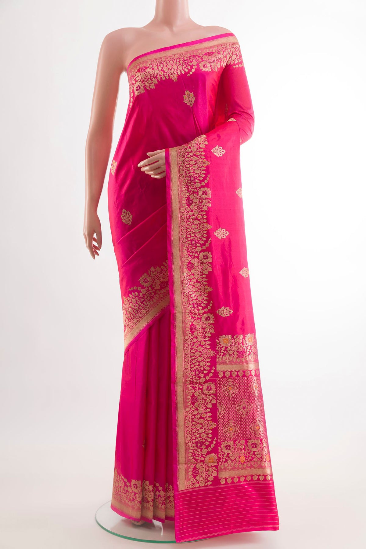 Pink Banarasi Katan Silk Saree with Zari Butta on the body and Zari Border.  displayed on a mannequin