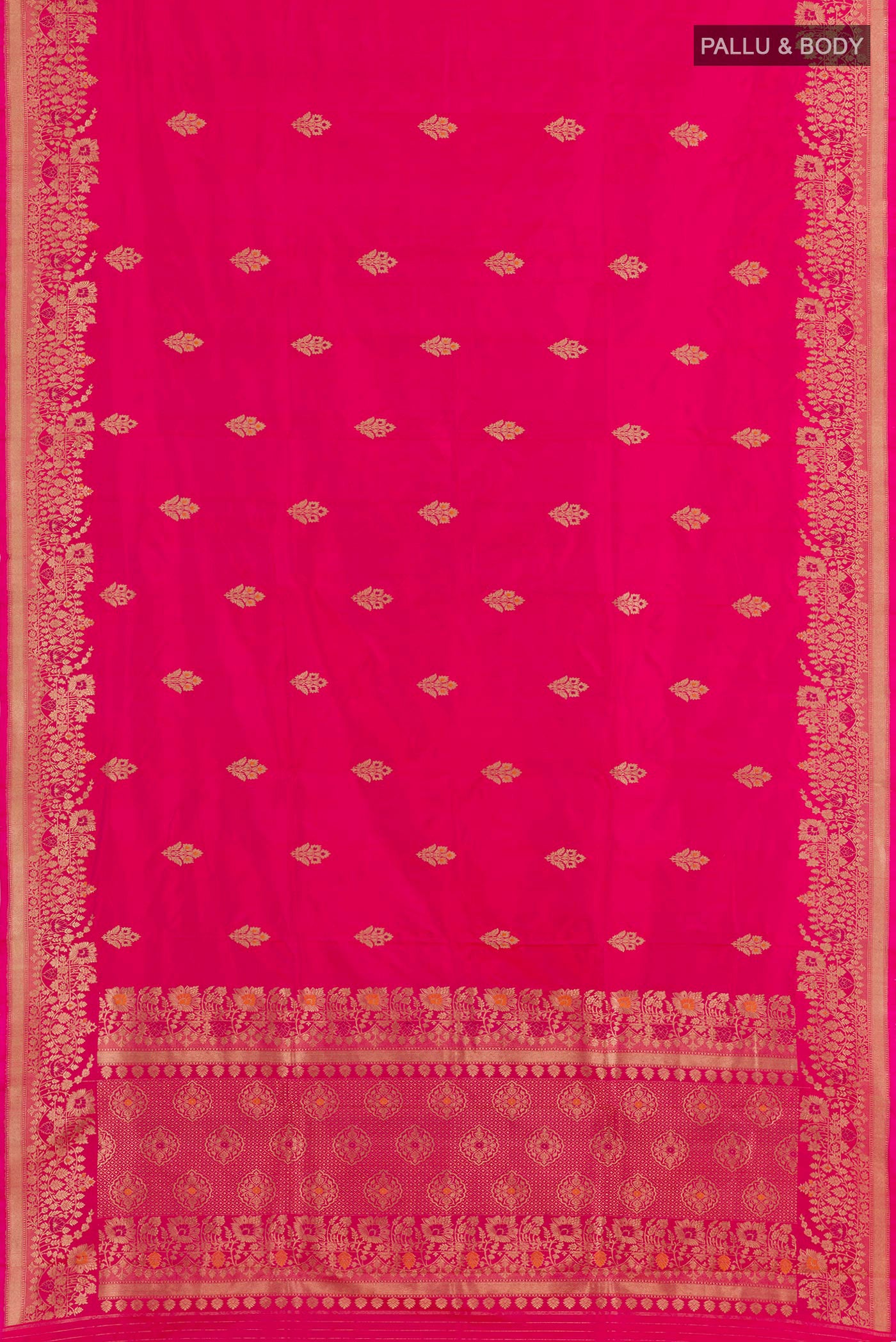 Flat view of Pink Banarasi Katan Silk Saree with Zari Butta on the body and Zari Border. 