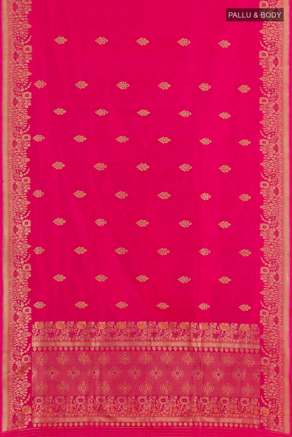 Flat view of Pink Banarasi Katan Silk Saree with Zari Butta on the body and Zari Border. 