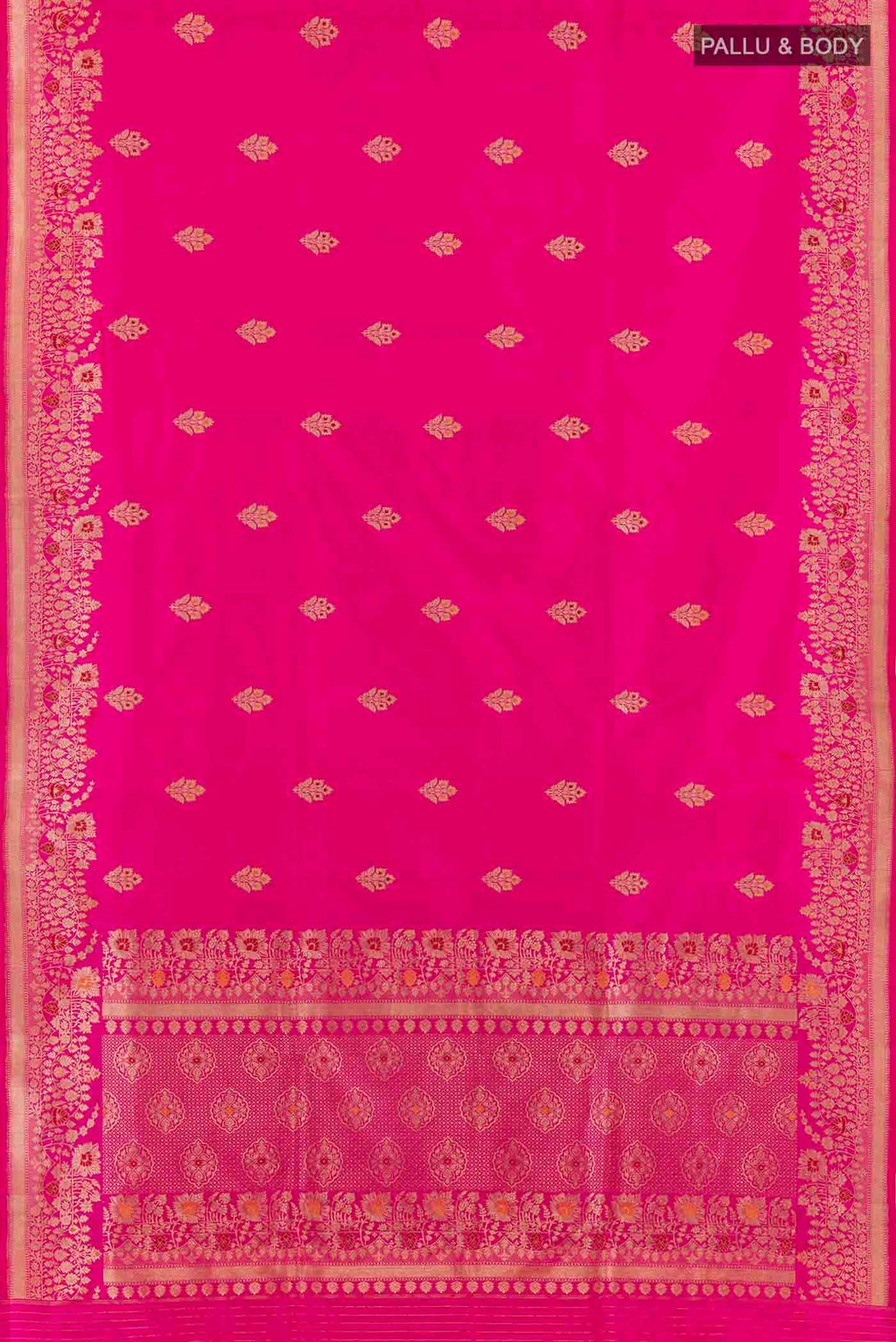 Flat view of Pink Banarasi Katan Silk Saree with Zari Butta on the body and Zari Border. 