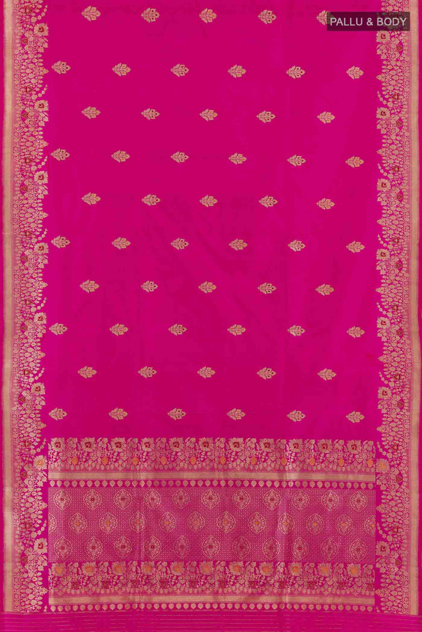 Flat view of Pink Banarasi Katan Silk Saree with Zari Butta on the body and Zari Border. 