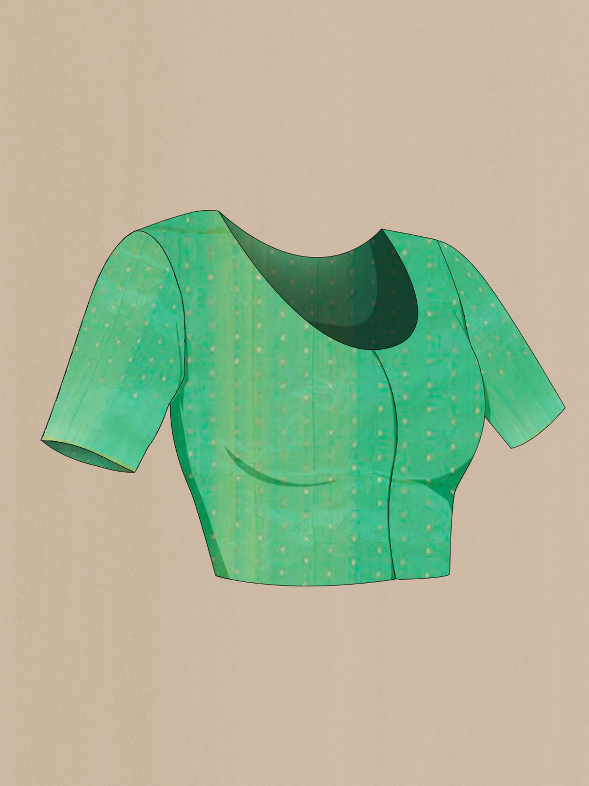 Close up image of the blouse of Green Banarasi Katan Silk Saree with Zari Butta on the body and Zari Border. 