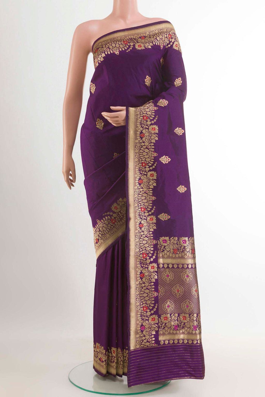Purple Banarasi Katan Silk Saree with Zari Butta on the body and Zari Border.  displayed on a mannequin