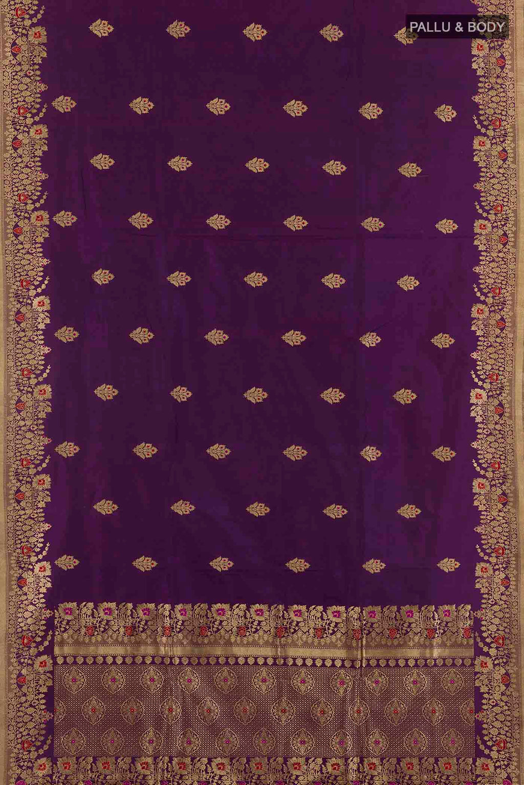 Flat view of Purple Banarasi Katan Silk Saree with Zari Butta on the body and Zari Border. 