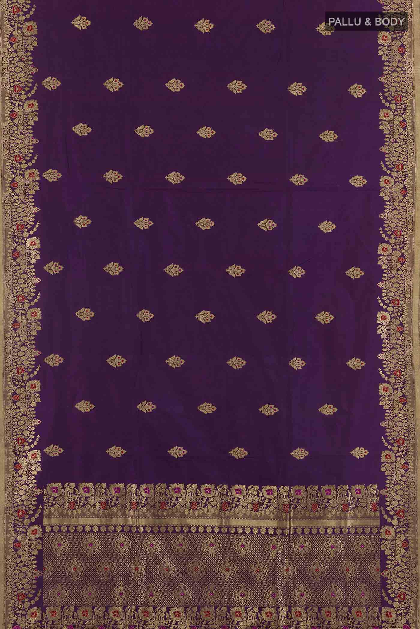 Flat view of Purple Banarasi Katan Silk Saree with Zari Butta on the body and Zari Border. 