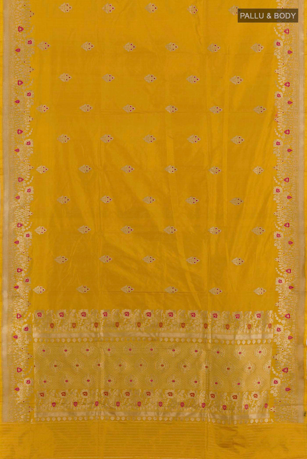 Flat view of Yellow Banarasi Katan Silk Saree with Zari Butta on the body and Zari Border. 